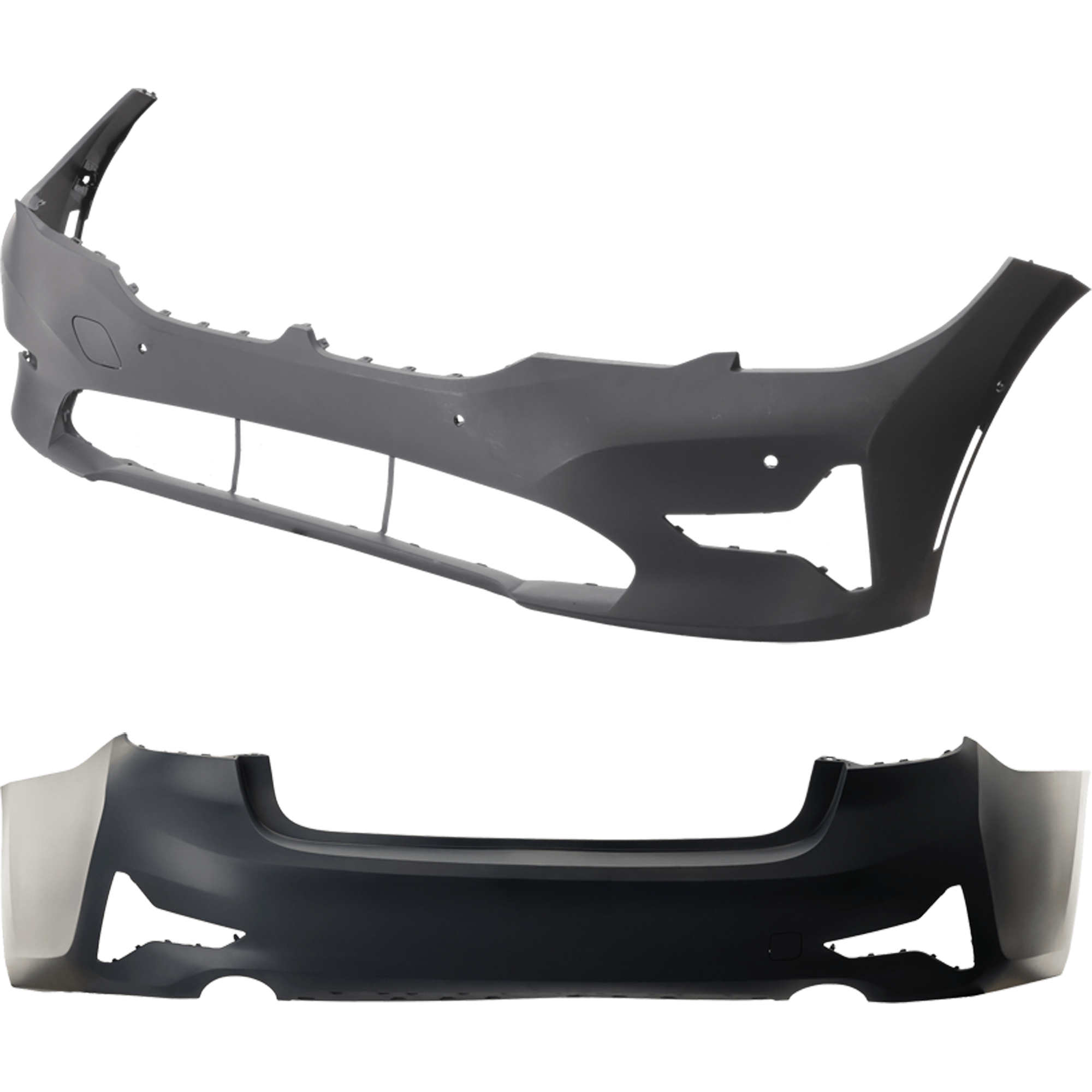 AM 3 SERIES 19-22 FRONT AND REAR BUMPER COVER Primed Sport Line Sedan w o M Sport Pkg Front w PDC Sensor and Park Assist Sensor Holes Rear w o PDC Sensor Holes SKU SET RB01030111P F