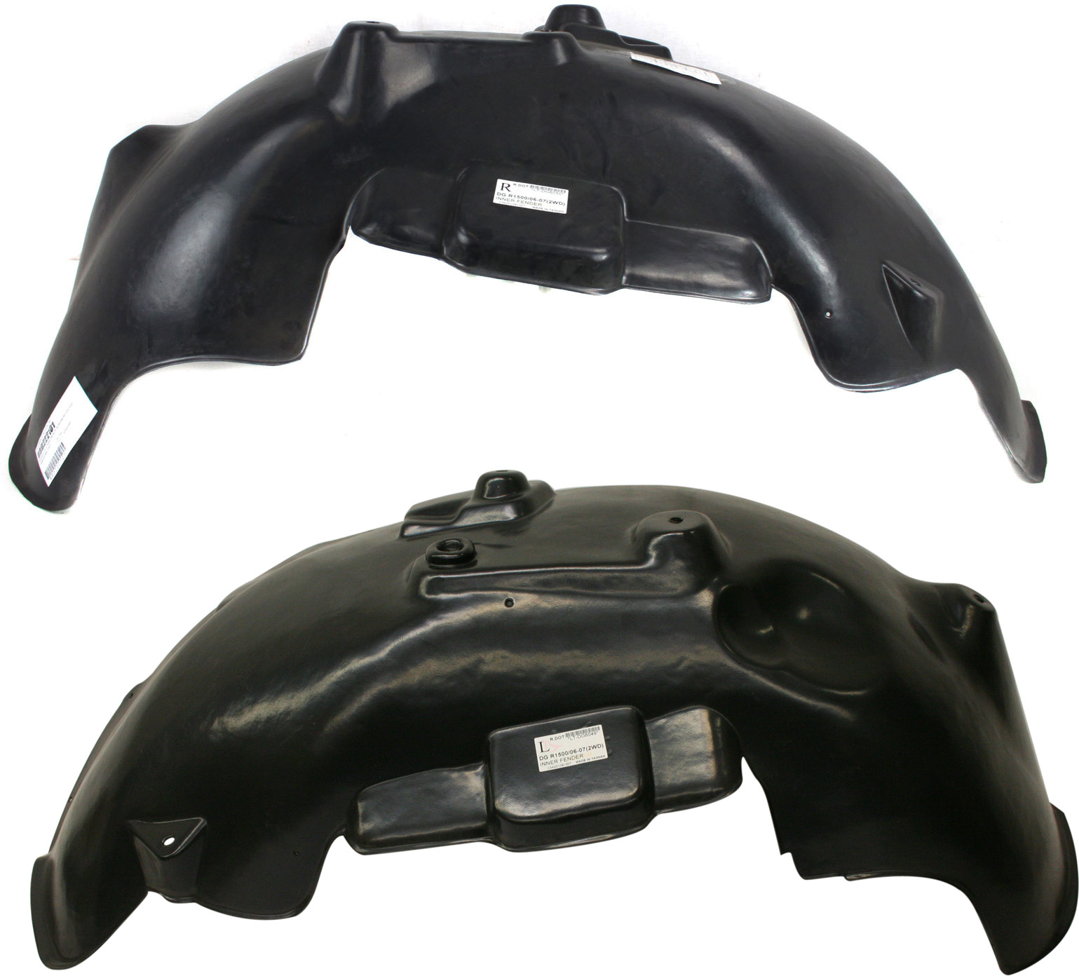 AM DODGE FULL SIZE P U 02-09 FRONT FENDER LINER RH AND LH 05-09 RWD Exc. 03-04-3500 SKU SET RBD222101 Partslink CH1249125 CH1248125 OEM 55275834AI 55275835AI