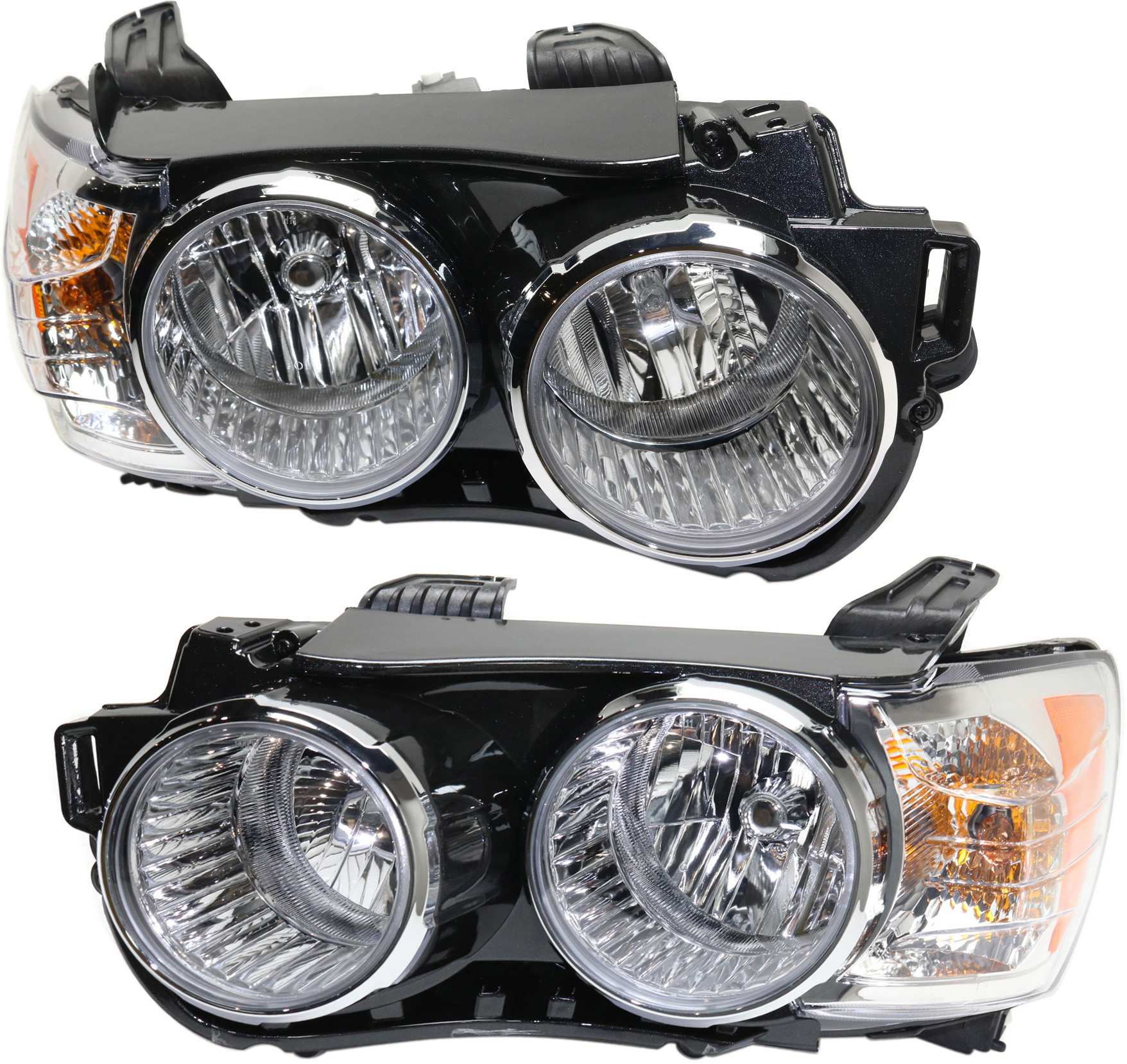 AM SONIC 12-16 HEAD LAMP RH and LH Assembly Halogen Black Interior w Chrome Bezel Hatchback Sedan LTZ w o Dusk Package CAPA SKU SET RC10010019Q Partslink GM2503359C GM2502359C OEM 96830972-42390434-96830971-423
