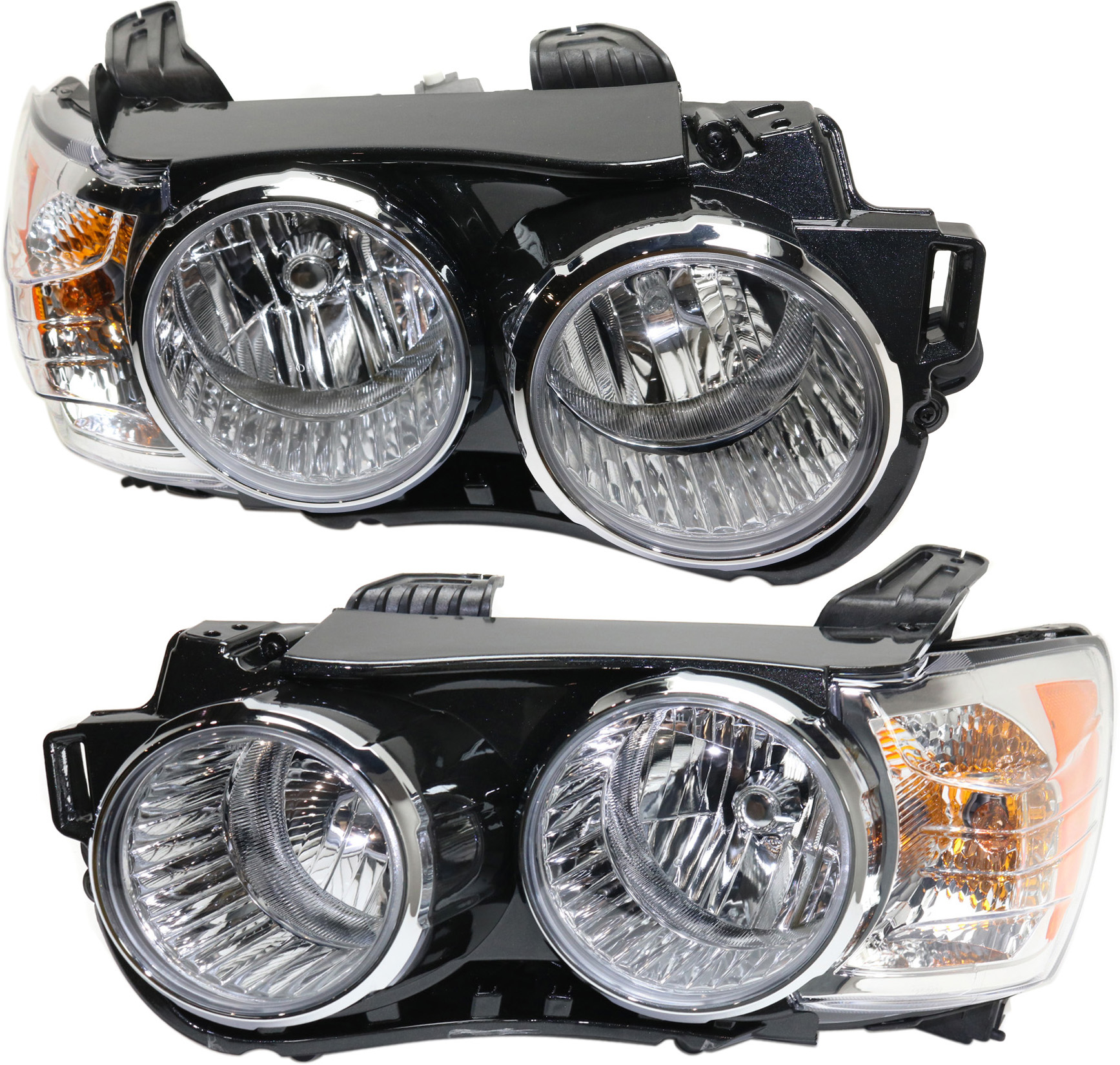 AM SONIC 12-16 HEAD LAMP RH and LH Assembly Halogen Black Interior w Chrome Bezel Hatchback Sedan LTZ w o Dusk Package SKU SET RC10010019 Partslink GM2503359 GM2502359 OEM 96830972-42390434-96830971-423