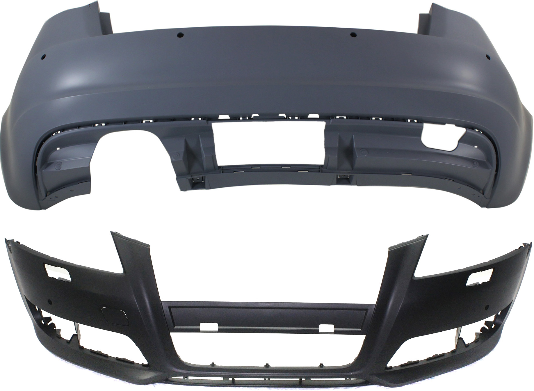 AM A3-09-13 FRONT AND REAR BUMPER COVER Primed w o Parking Aid Snsr Holes SKU SET REPA010340P 2 Partslink AU1000201 AU1100191 OEM 8P0807105HGRU 8P4807303HGRU