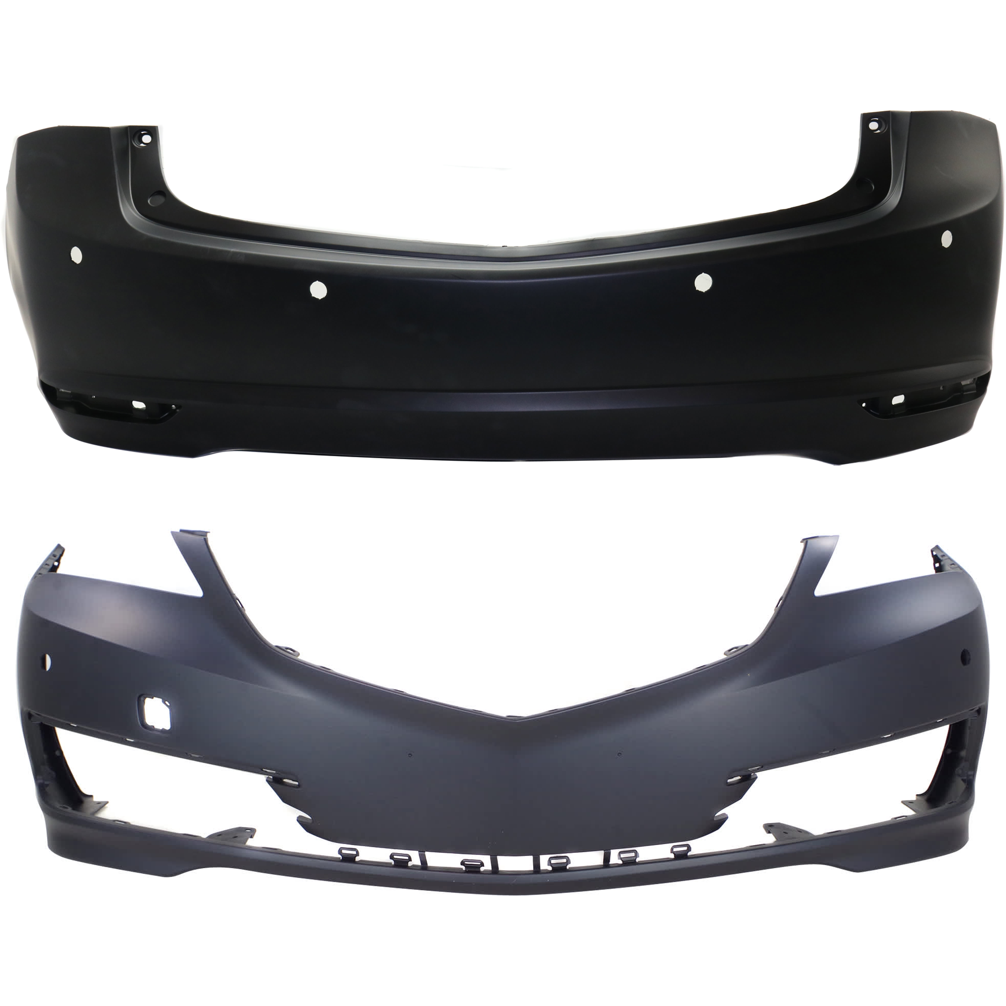 AM TLX 15-17 FRONT AND REAR BUMPER COVER Primed w parking aid sensor holes CAPA SKU SET REPA010359PQ A Partslink AC1000186C AC1100176C OEM 04711TZ3A80ZZ 04715TZ3A80ZZ