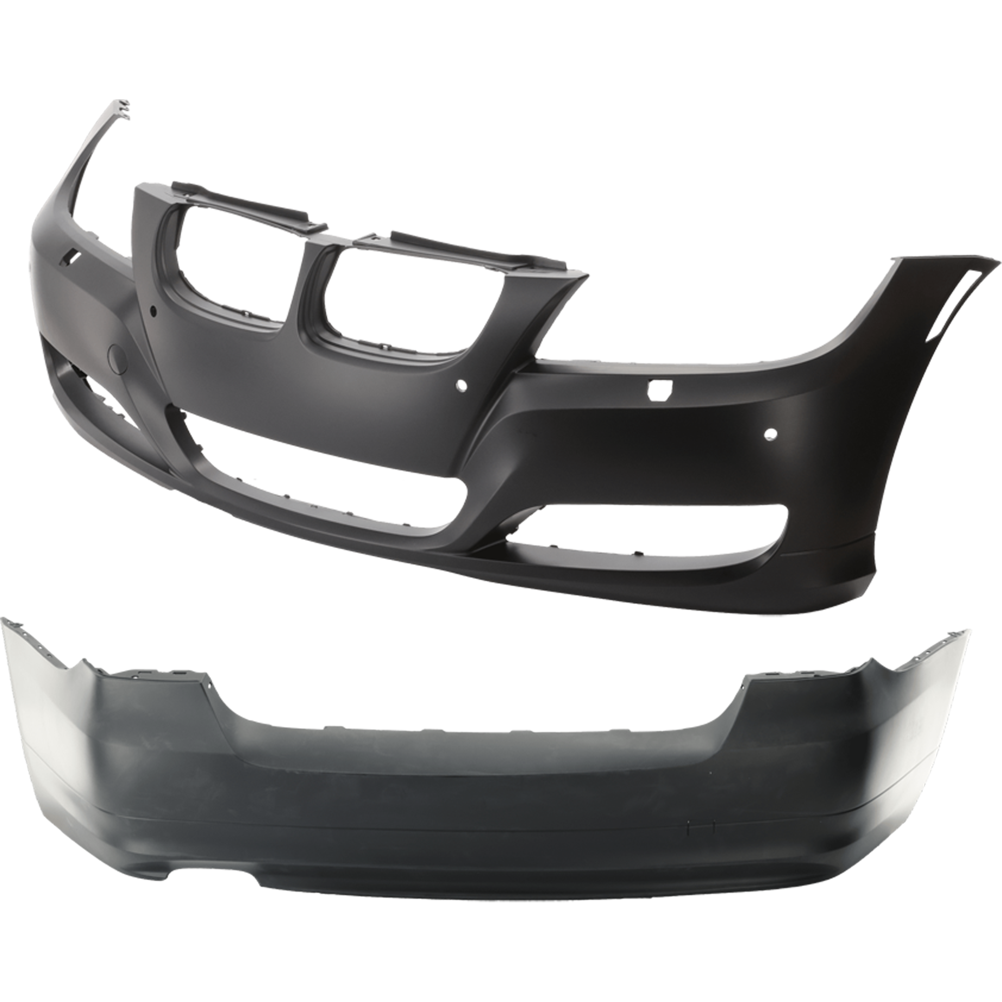 AM 3 SERIES 09-11 FRONT AND REAR BUMPER COVER Primed Sedan w HLW Holes Front w PDC Sensor Holes Rear w o PDC Sensor Holes SKU SET REPB010344P A