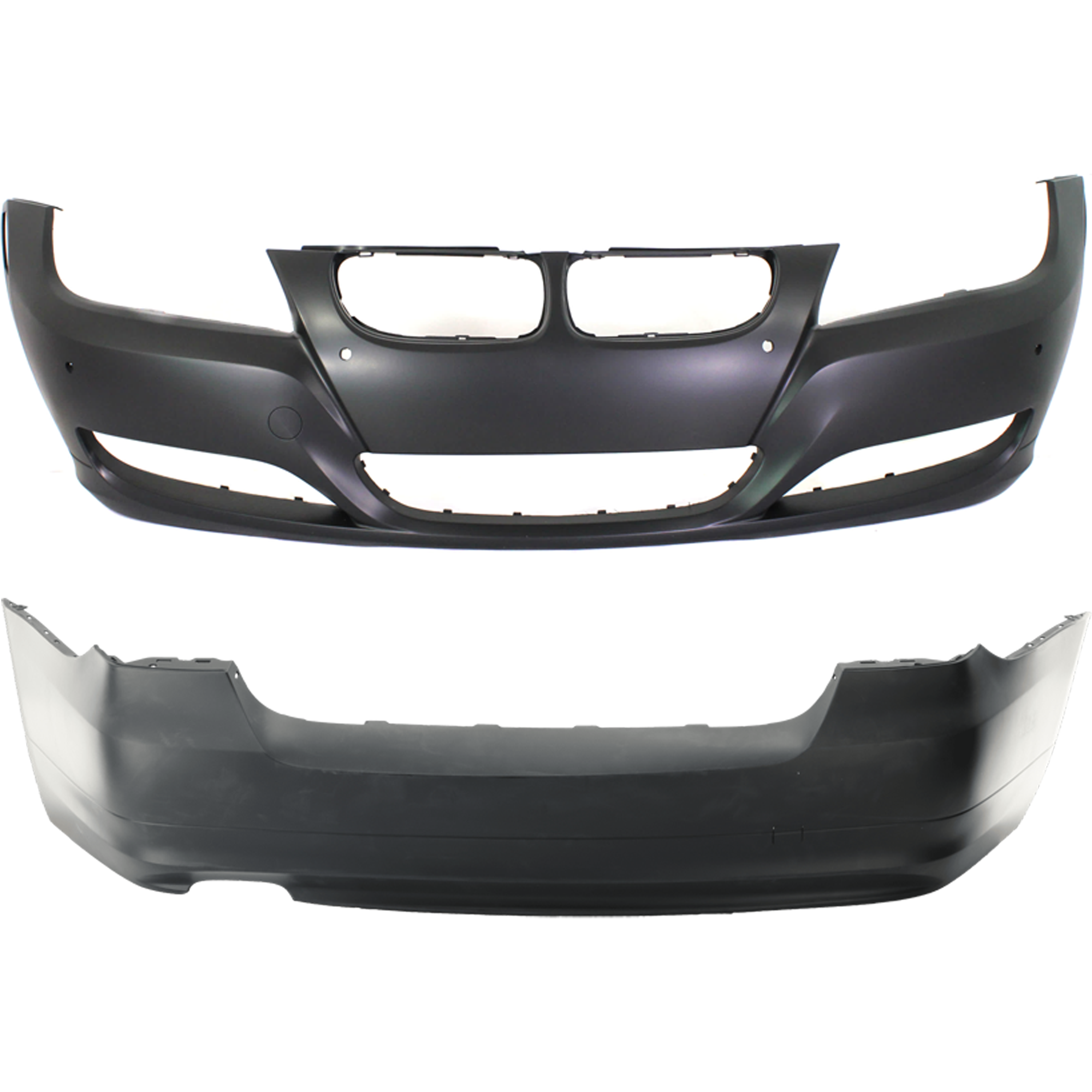 AM 3 SERIES 09-11 FRONT AND REAR BUMPER COVER Primed Sedan w o HLW Holes Front w PDC Sensor Holes Rear w o PDC Sensor Holes SKU SET REPB010345P A