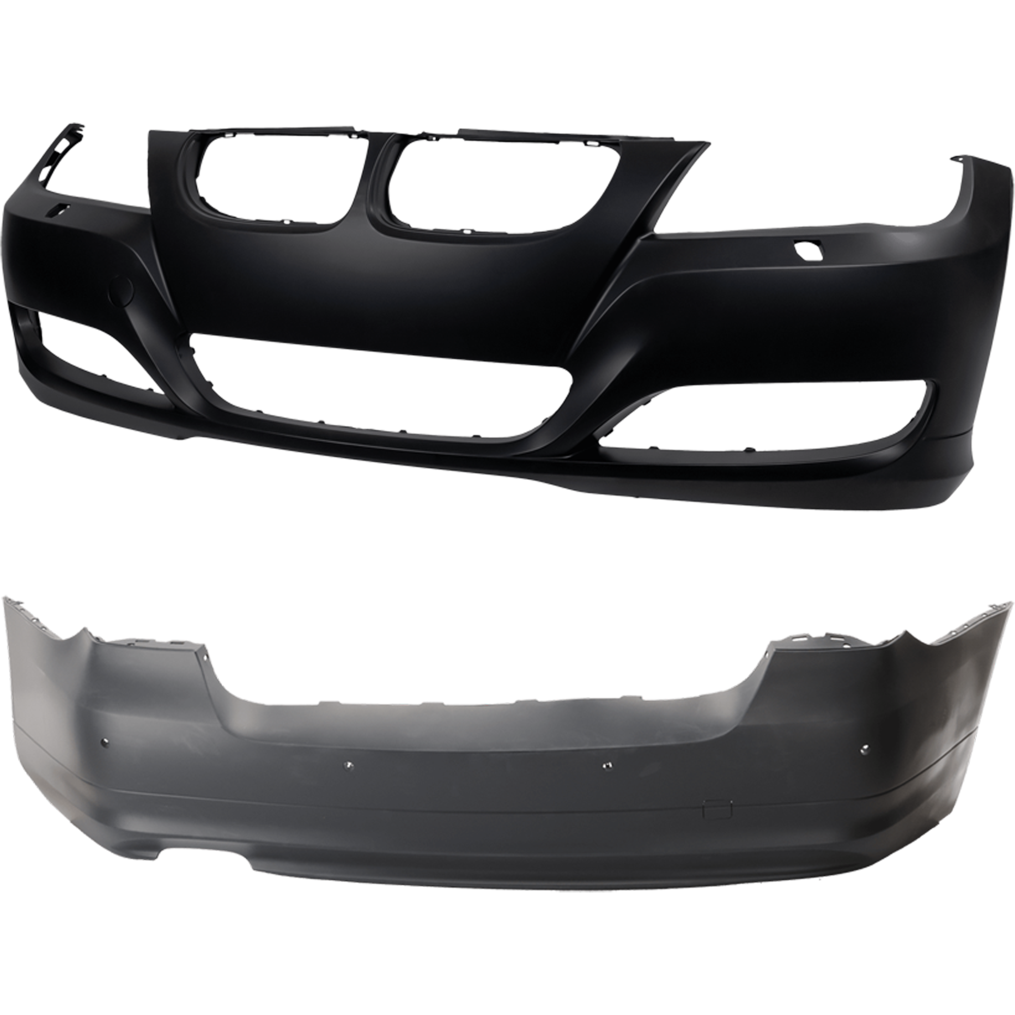 AM 3 SERIES 09-11 FRONT AND REAR BUMPER COVER Primed Sedan w HLW Holes and Tow Hook Cvr Front w o PDC Sensor Holes Rear w PDC Sensor Holes SKU SET REPB010346P B