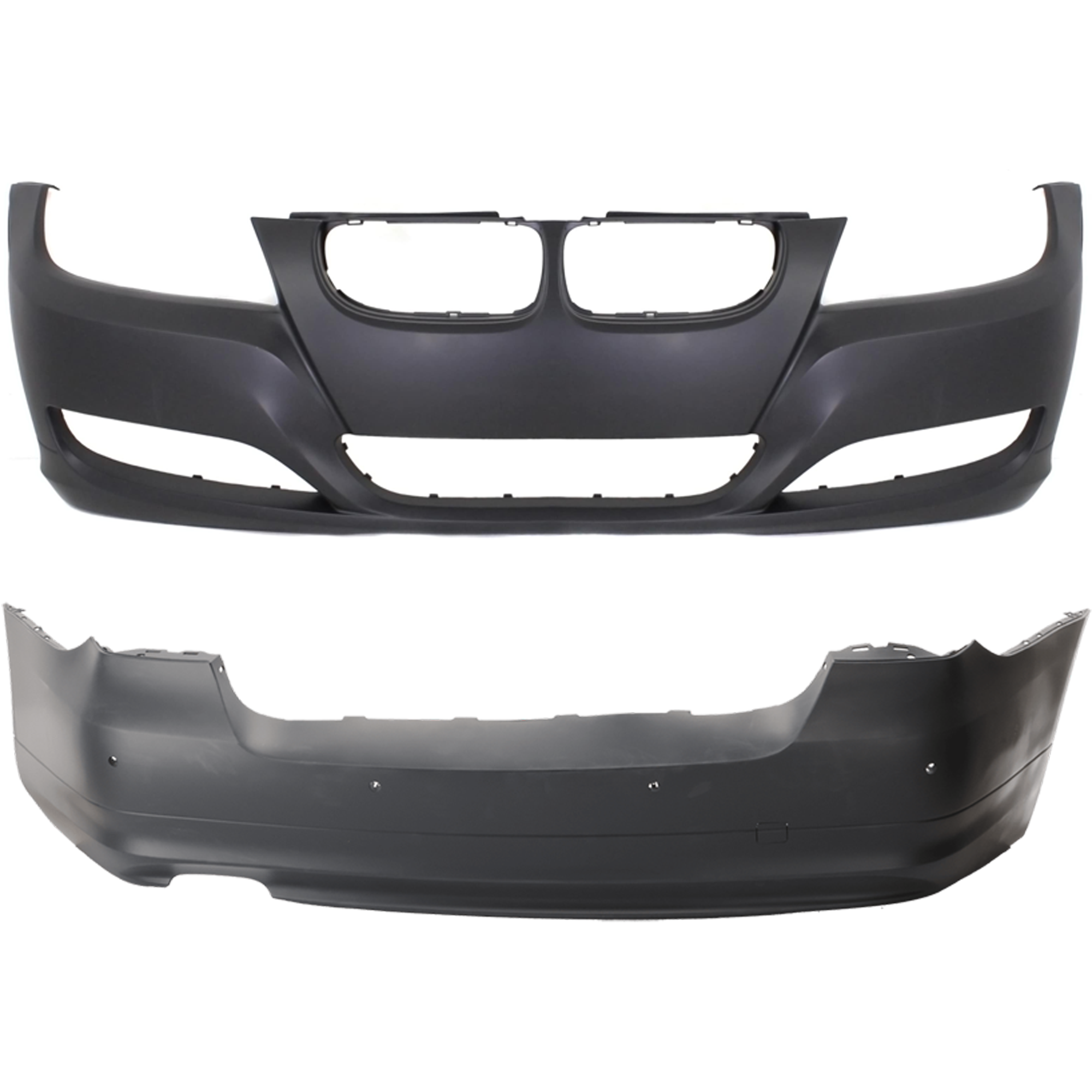 AM 3 SERIES 09-11 FRONT AND REAR BUMPER COVER Primed Sedan w o HLW Holes Front w o PDC Sensor Holes Rear w PDC Sensor Holes SKU SET REPB010347P B
