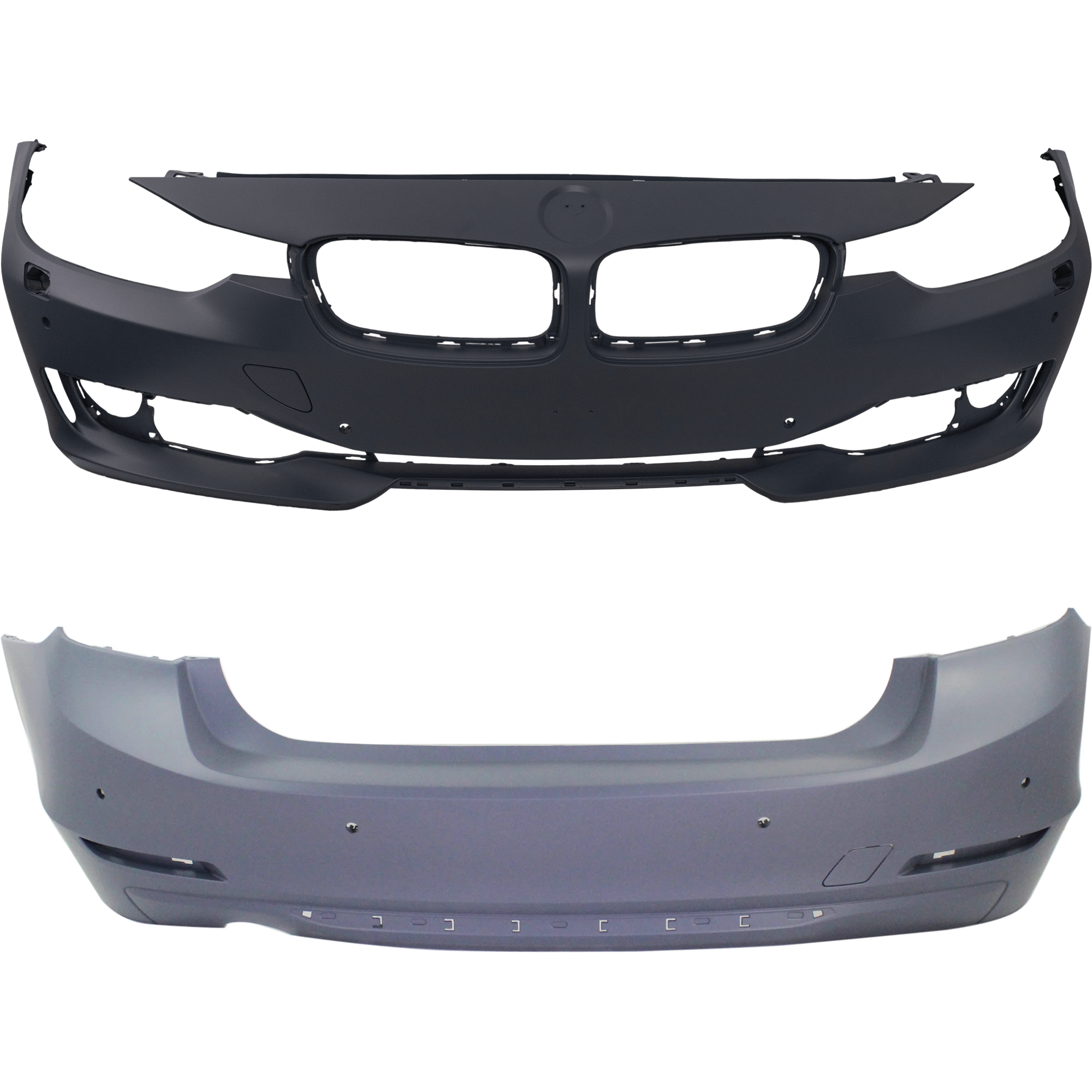 AM 3 SERIES 12-15 FRONT AND REAR BUMPER COVER Primed Luxury Modern Sport Line w o M Sport Line Sedan Wagon w HLW Cam w o IPAS Front w PDC Sensor Holes Rear w o PDC Sensor Holes SKU SET REPB010355P A