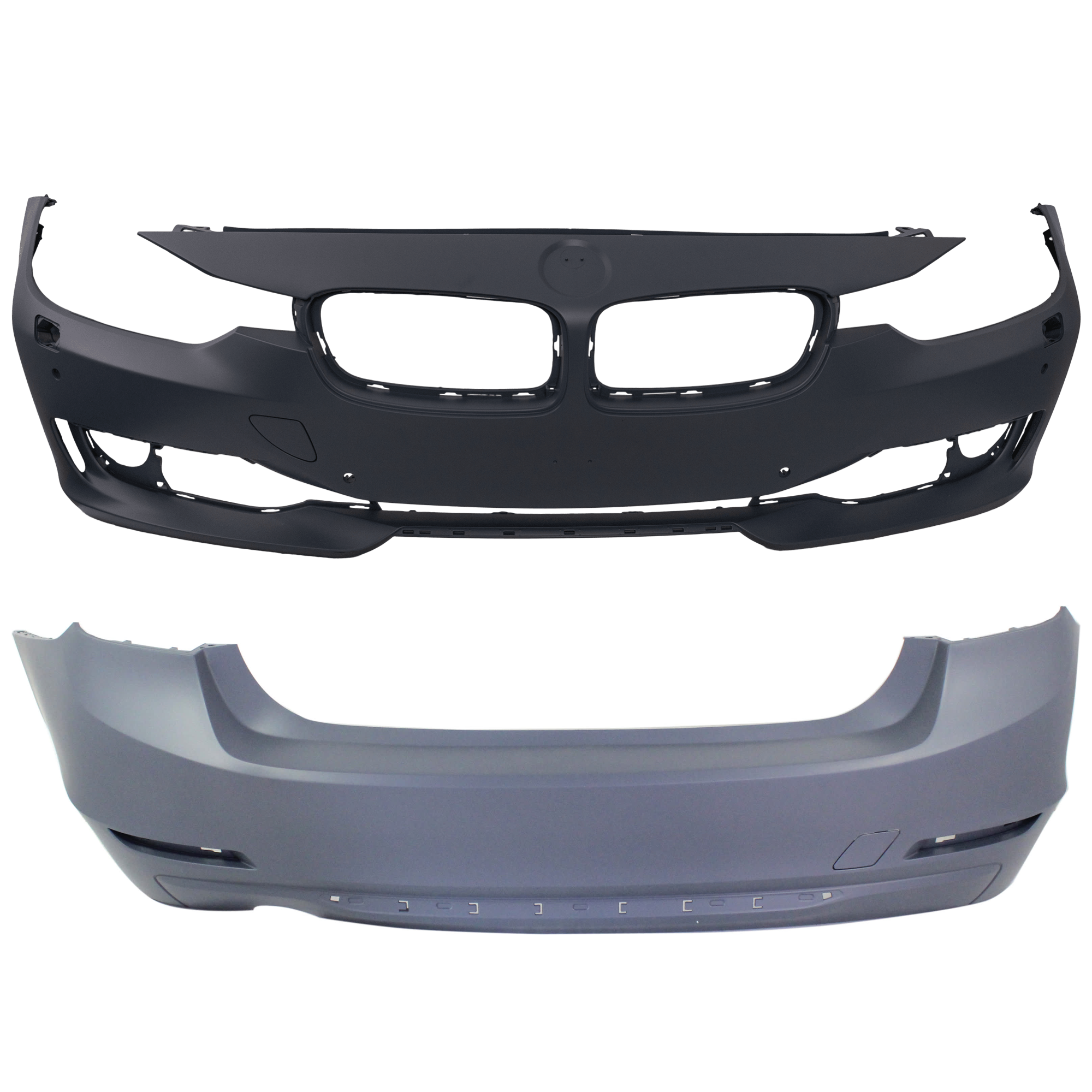 AM 3 SERIES 12-15 FRONT AND REAR BUMPER COVER Primed Luxury Modern Sport Line w o M Sport Line Sedan Wagon w HLW PDC Holes Cam w o IPAS SKU SET REPB010355P B