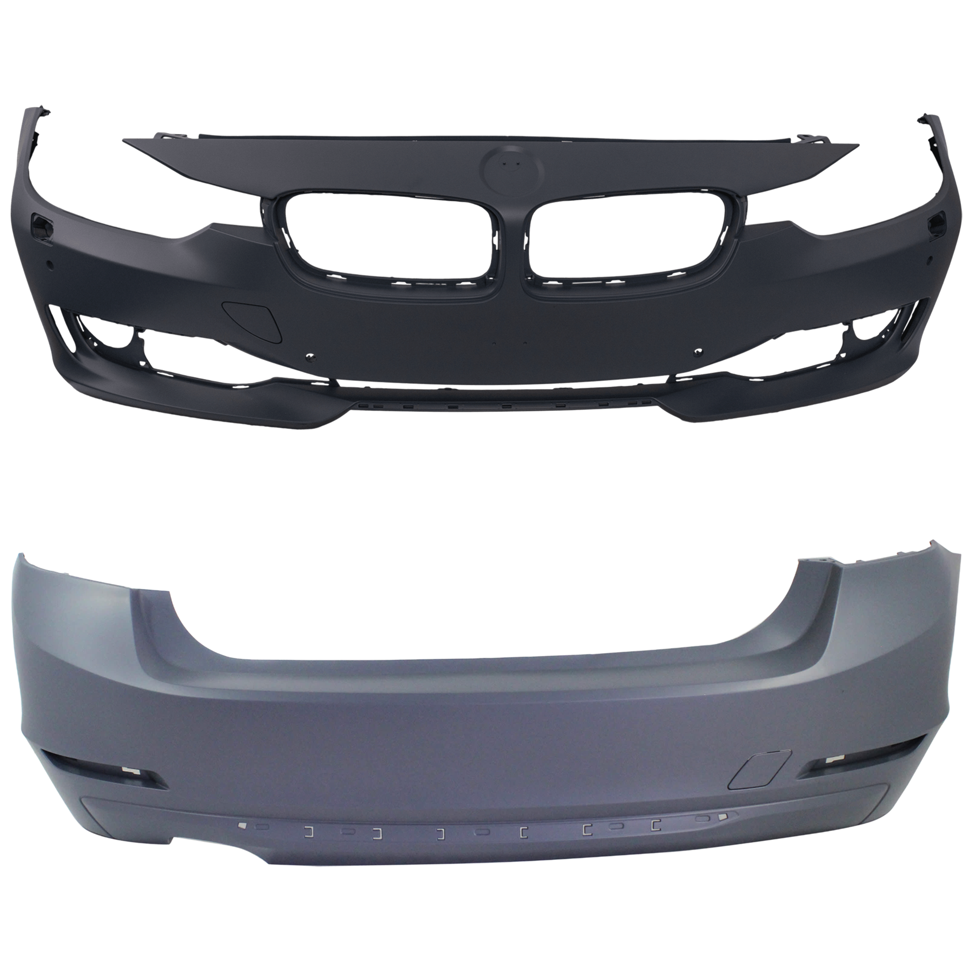 AM 3 SERIES 12-15 FRONT AND REAR BUMPER COVER Primed Luxury Modern Sport Line w o M Sport Line Sedan w HLW Cam Holes w o IPAS Front w PDC Sensor Holes Rear w o PDC Sensor Holes SKU SET REPB010355P C