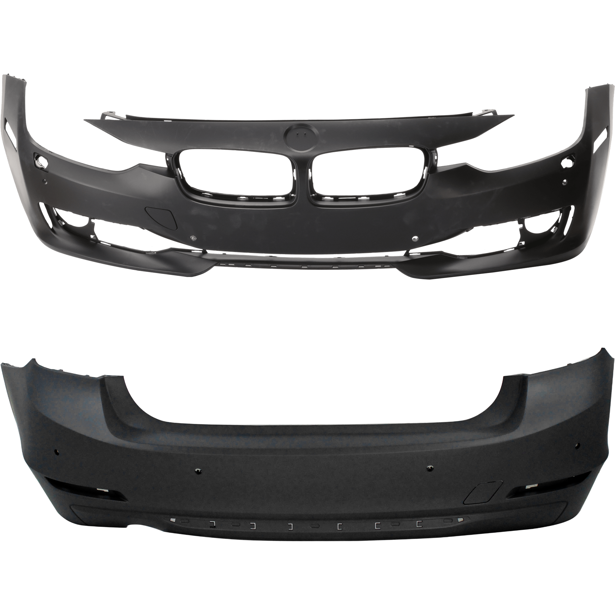 AM 3 SERIES 12-15 FRONT AND REAR BUMPER COVER Primed Luxury Modern Sport Line w o M Sport Line Sedan Wagon w HLW w o IPAS Cam Front w PDC Holes Rear w o PDC Holes SKU SET REPB010357P A