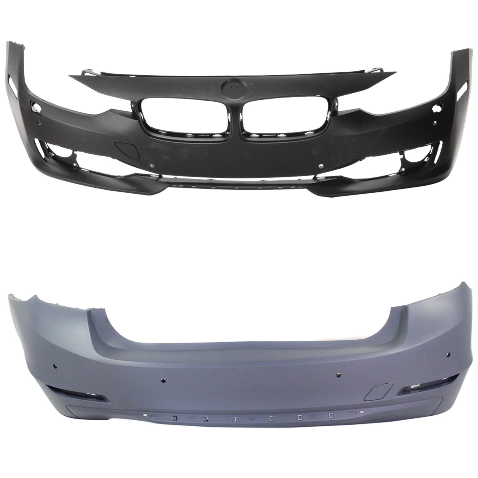 AM 3 SERIES 12-15 FRONT AND REAR BUMPER COVER Primed Luxury Modern Sport Line w o M Sport Line Sedan w HLW PDC Holes w o IPAS Cam SKU SET REPB010357P D