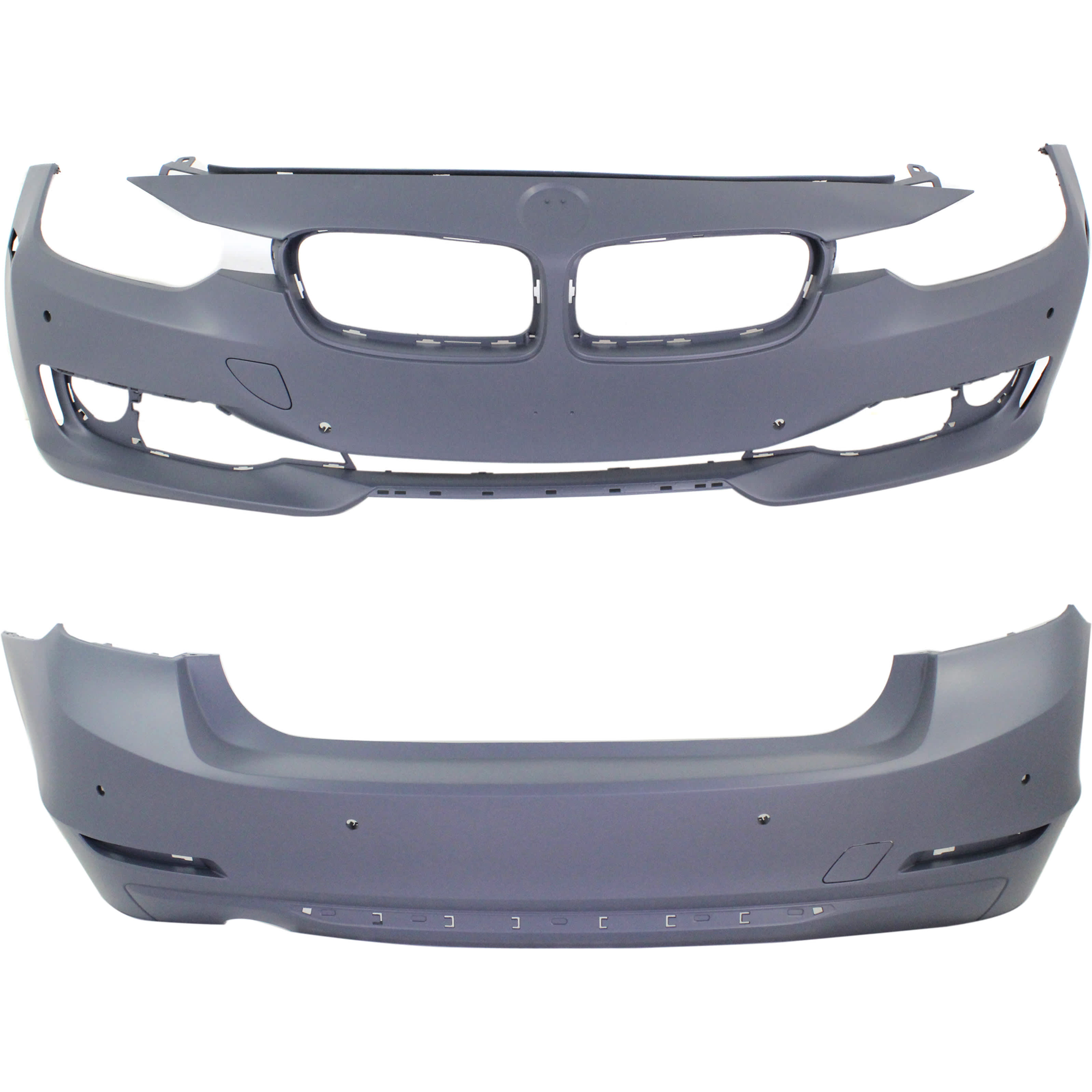 AM 3 SERIES 12-15 FRONT AND REAR BUMPER COVER Primed Luxury Modern Sport Line w o M Sport Line Sedan w o HLW Holes IPAS w Cam Holes Front w PDC Sensor Holes Rear w o PDC Sensor Holes SKU SET REPB010361P A