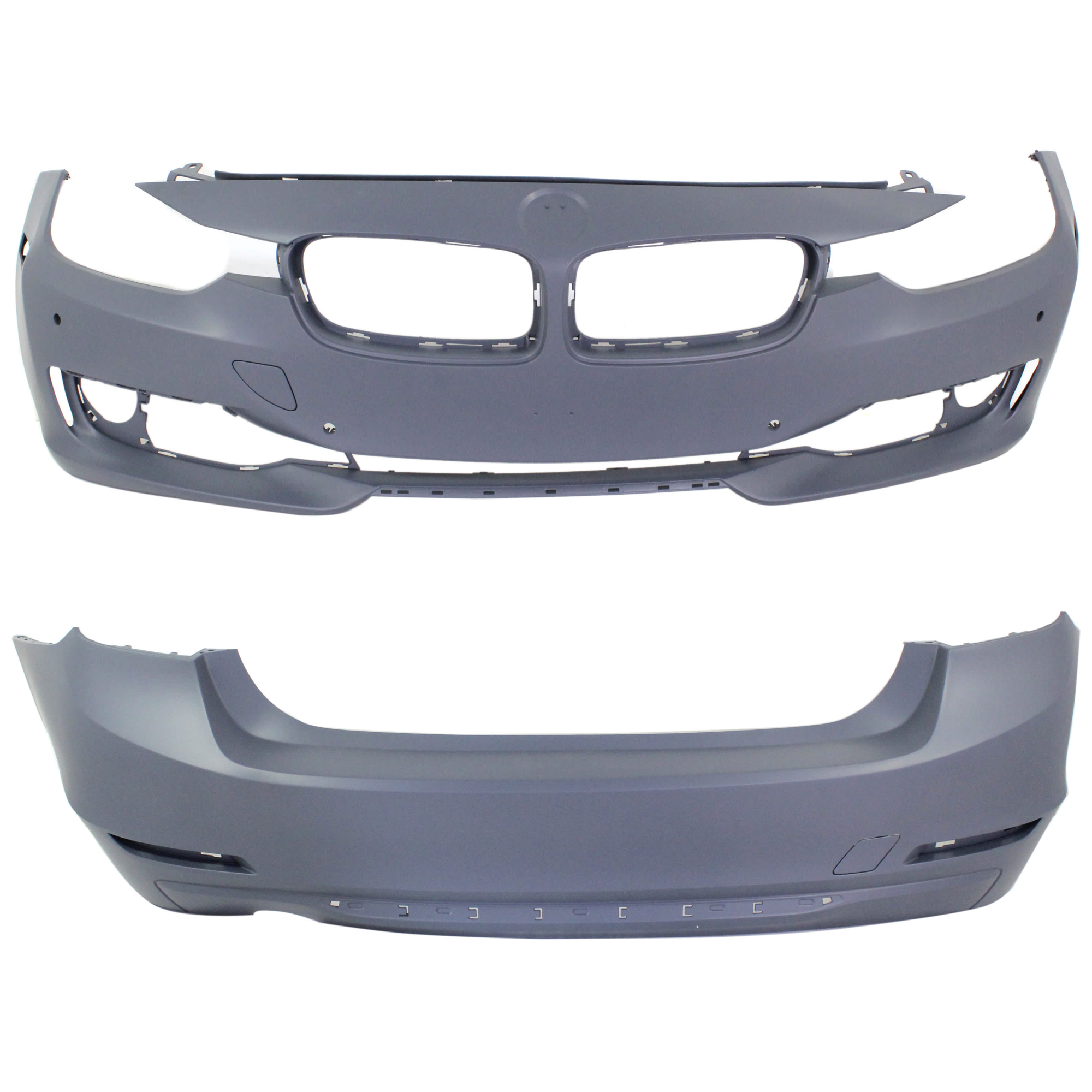 AM 3 SERIES 12-15 FRONT AND REAR BUMPER COVER Primed Luxury Modern Sport Line w o M Sport Line Sedan w o HLW Holes IPAS w PDC Sensor Cam Holes SKU SET REPB010361P B