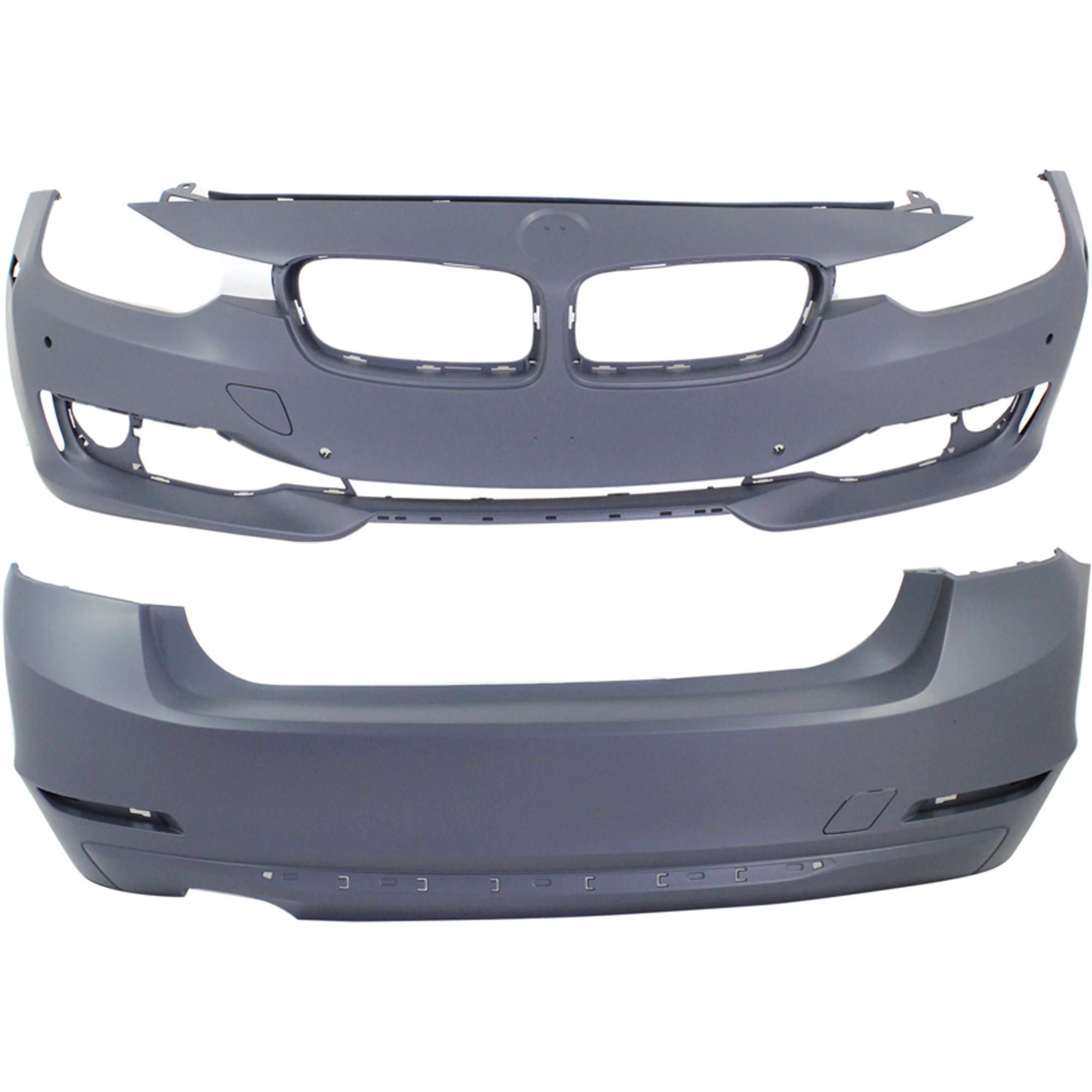 AM 3 SERIES 12-15 FRONT AND REAR BUMPER COVER Primed Luxury Modern Sport Line w o M Sport Line Sedan w o HLW Holes IPAS w Cam Holes Front w PDC Sensor Holes Rear w o PDC Sensor Holes SKU SET REPB010361P C