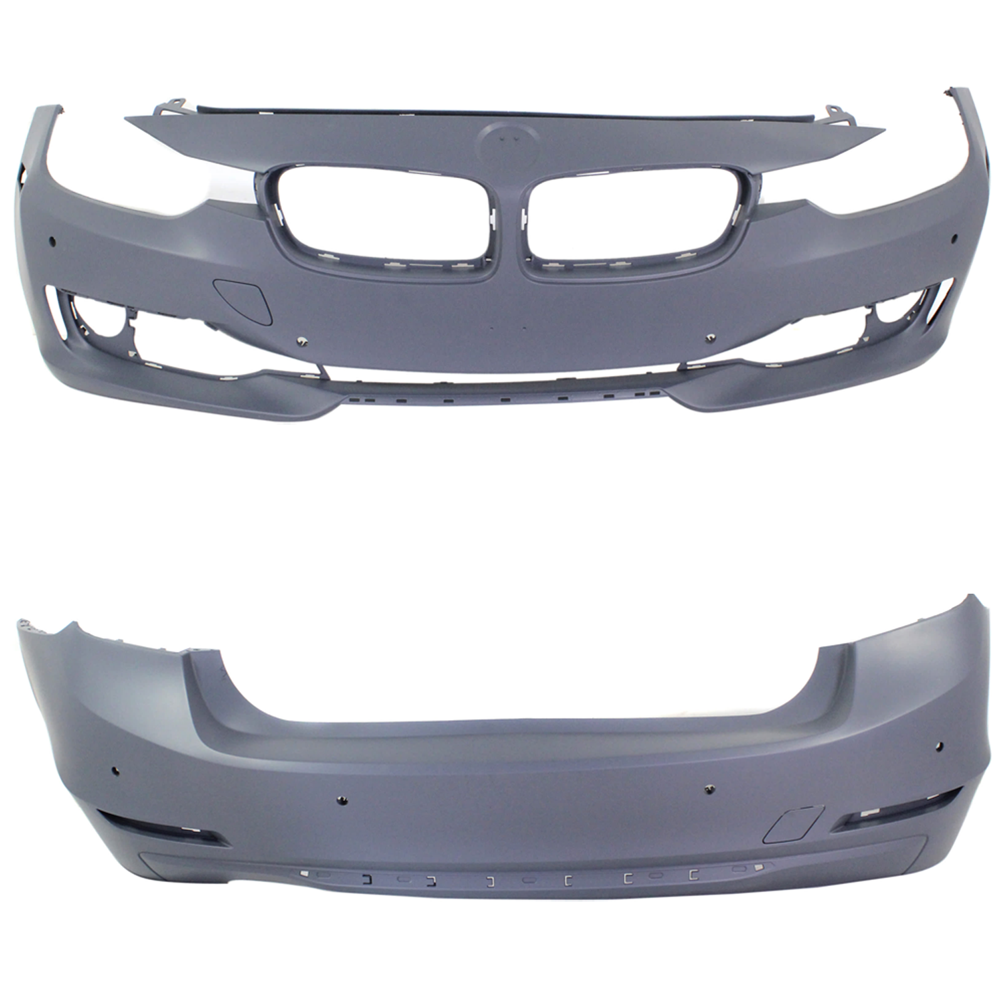 AM 3 SERIES 12-15 FRONT AND REAR BUMPER COVER Primed Luxury Modern Sport Line w o M Sport Line Sedan w o HLW Holes IPAS w PDC Sensor Cam Holes SKU SET REPB010361P D