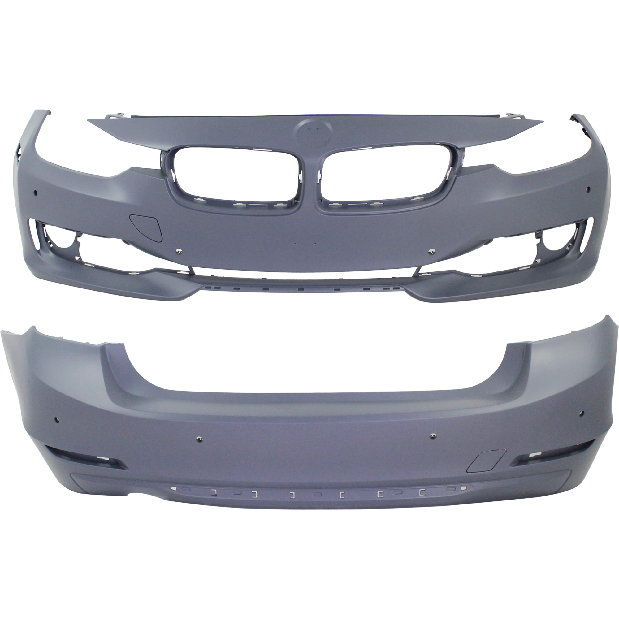AM 3 SERIES 12-15 FRONT AND REAR BUMPER COVER Primed Luxury Modern Sport Line w o M Sport Line Sedan w o HLW Cam Holes w IPAS Holes Front w PDC Sensor Holes Rear w o PDC Sensor Holes SKU SET REPB010362P A