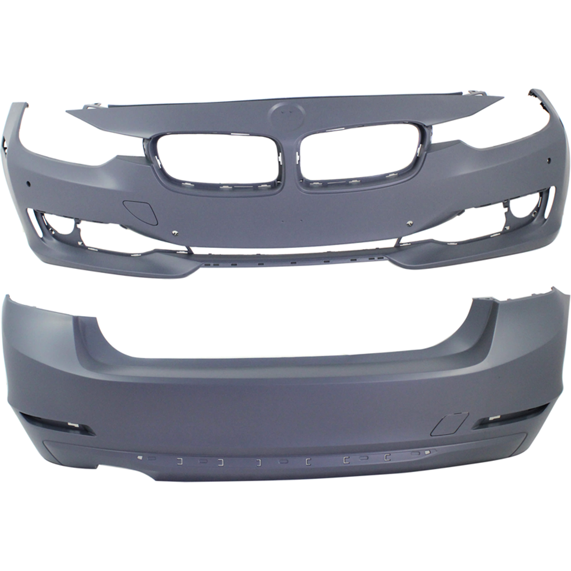 AM 3 SERIES 12-15 FRONT AND REAR BUMPER COVER Primed Luxury Modern Sport Line w o M Sport Line Sedan w o HLW Cam Holes w IPAS Holes Front w PDC Sensor Holes Rear w o PDC Sensor Holes SKU SET REPB010362P C