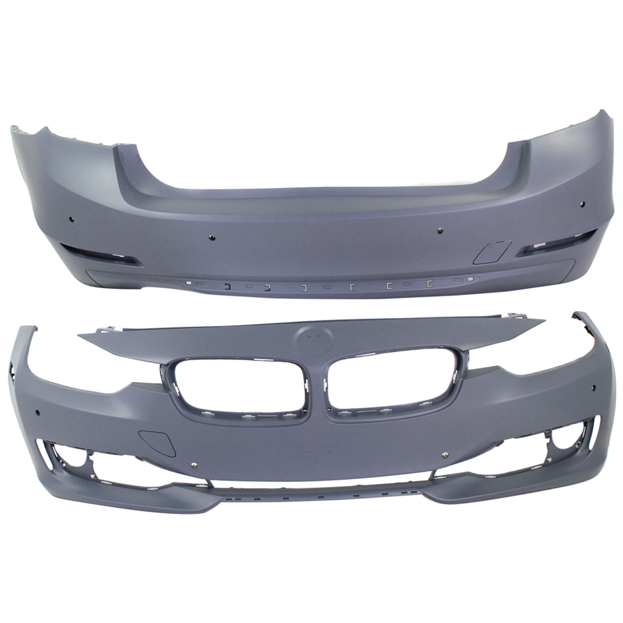 AM 3 SERIES 12-15 FRONT AND REAR BUMPER COVER Primed Luxury Modern Sport Line w o M Sport Line Sedan w o HLW Cam Holes w PDC Sensor IPAS Holes SKU SET REPB010362P D