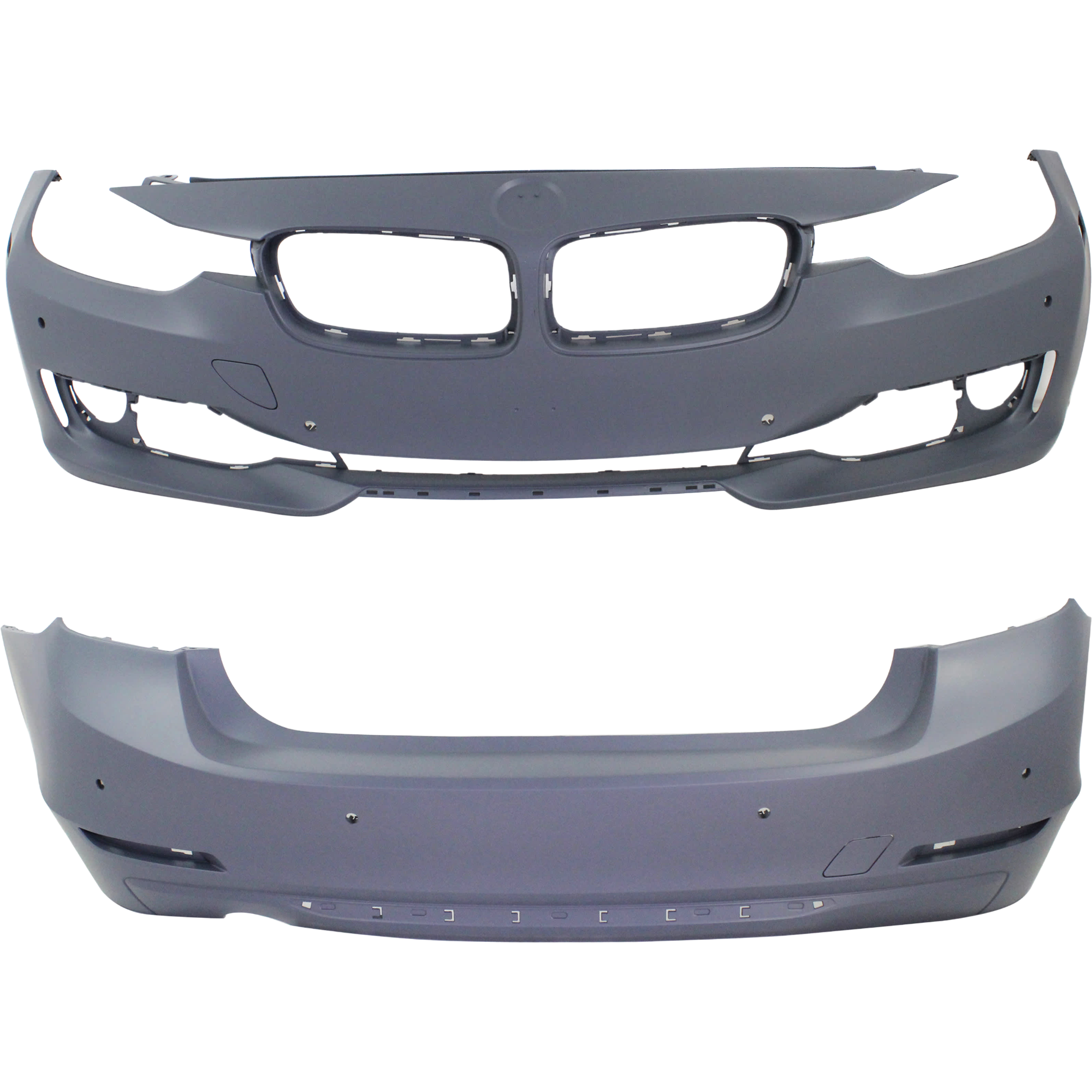 AM 3 SERIES 12-15 FRONT AND REAR BUMPER COVER Primed Luxury Modern Sport Line w o M Sport Line Sedan w o IPAS Cam HLW Holes Front w PDC Sensor Holes Rear w o PDC Sensor Holes SKU SET REPB010363P A