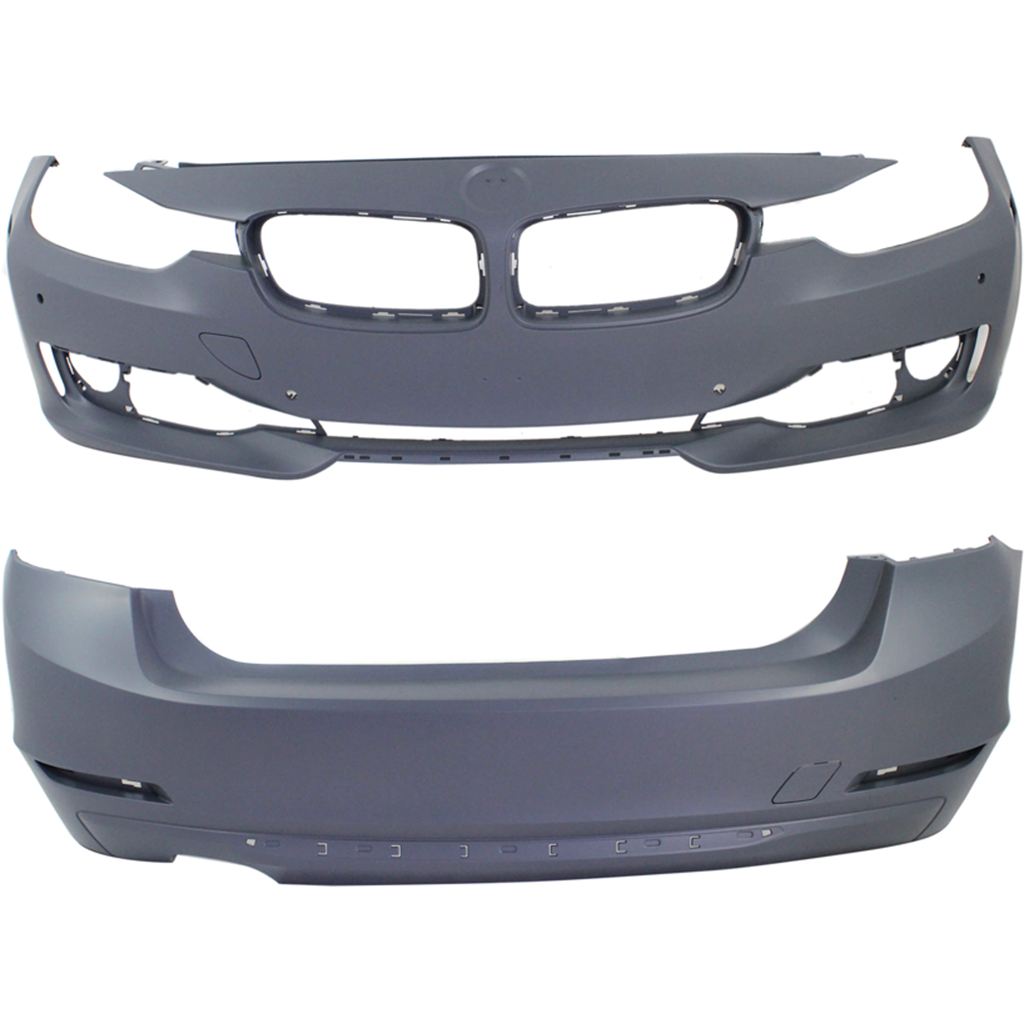 AM 3 SERIES 12-15 FRONT AND REAR BUMPER COVER Primed Luxury Modern Sport Line w o M Sport Line Sedan w o IPAS Cam HLW Holes Front w PDC Sensor Holes Rear w o PDC Sensor Holes SKU SET REPB010363P C