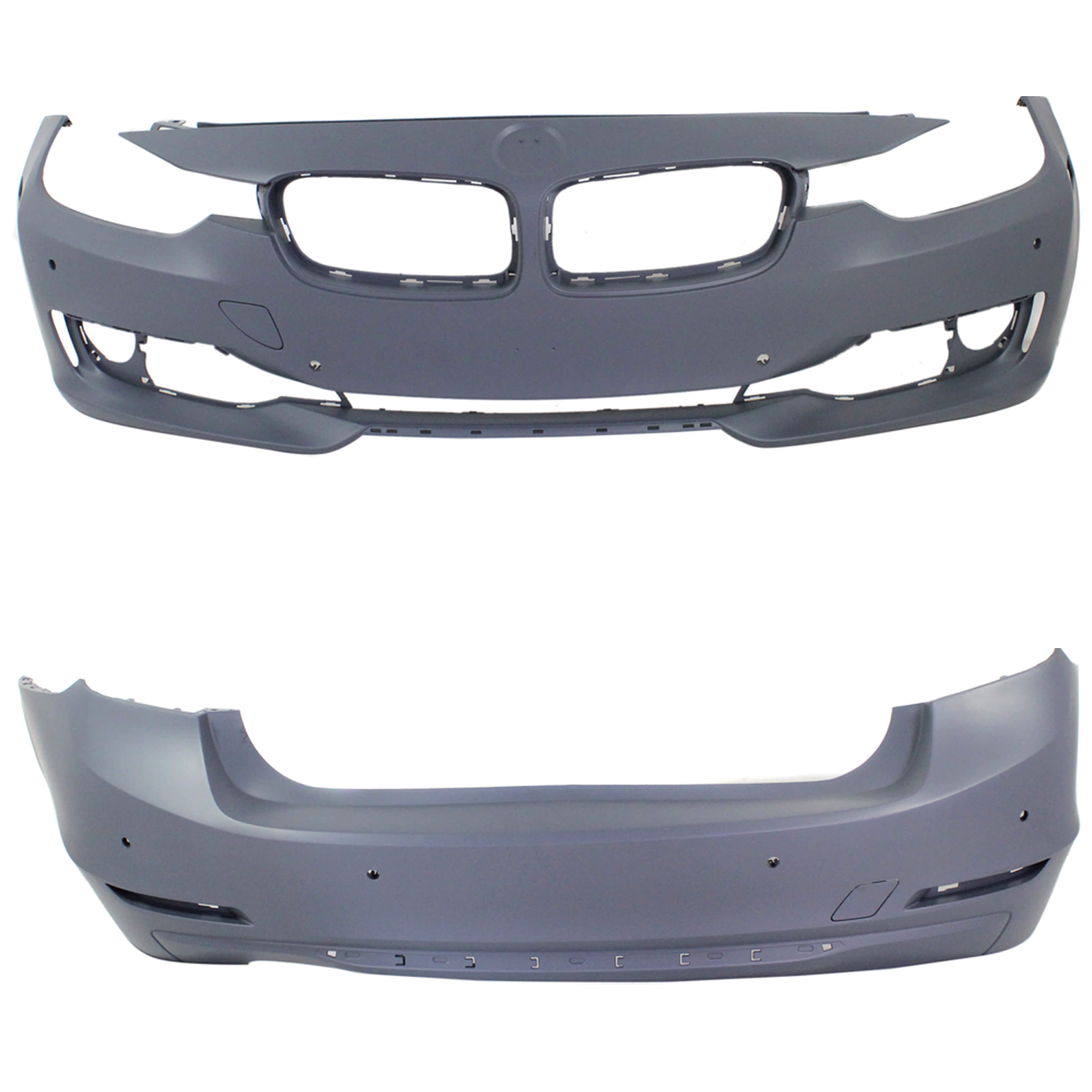 AM 3 SERIES 12-15 FRONT AND REAR BUMPER COVER Primed Luxury Modern Sport Line w o M Sport Line Sedan w PDC Sensor Holes w o IPAS Cam HLW Holes SKU SET REPB010363P D