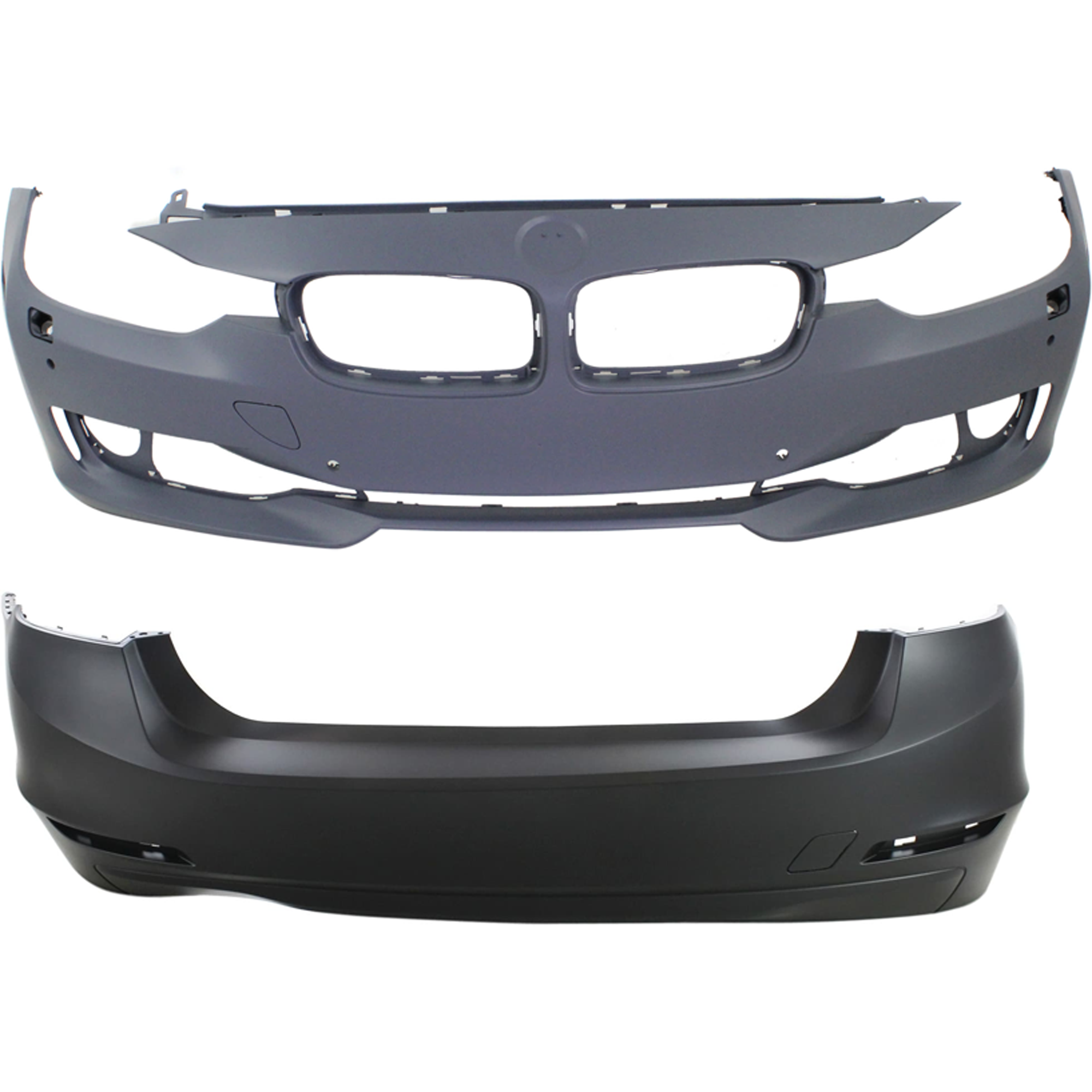 AM 3 SERIES 12-15 FRONT AND REAR BUMPER COVER Primed Standard w o M Sport Line Sedan w HLW Cam Holes w o IPAS Holes Front w PDC Sensor Holes Rear w o PDC Sensor Holes SKU SET REPB010365P C