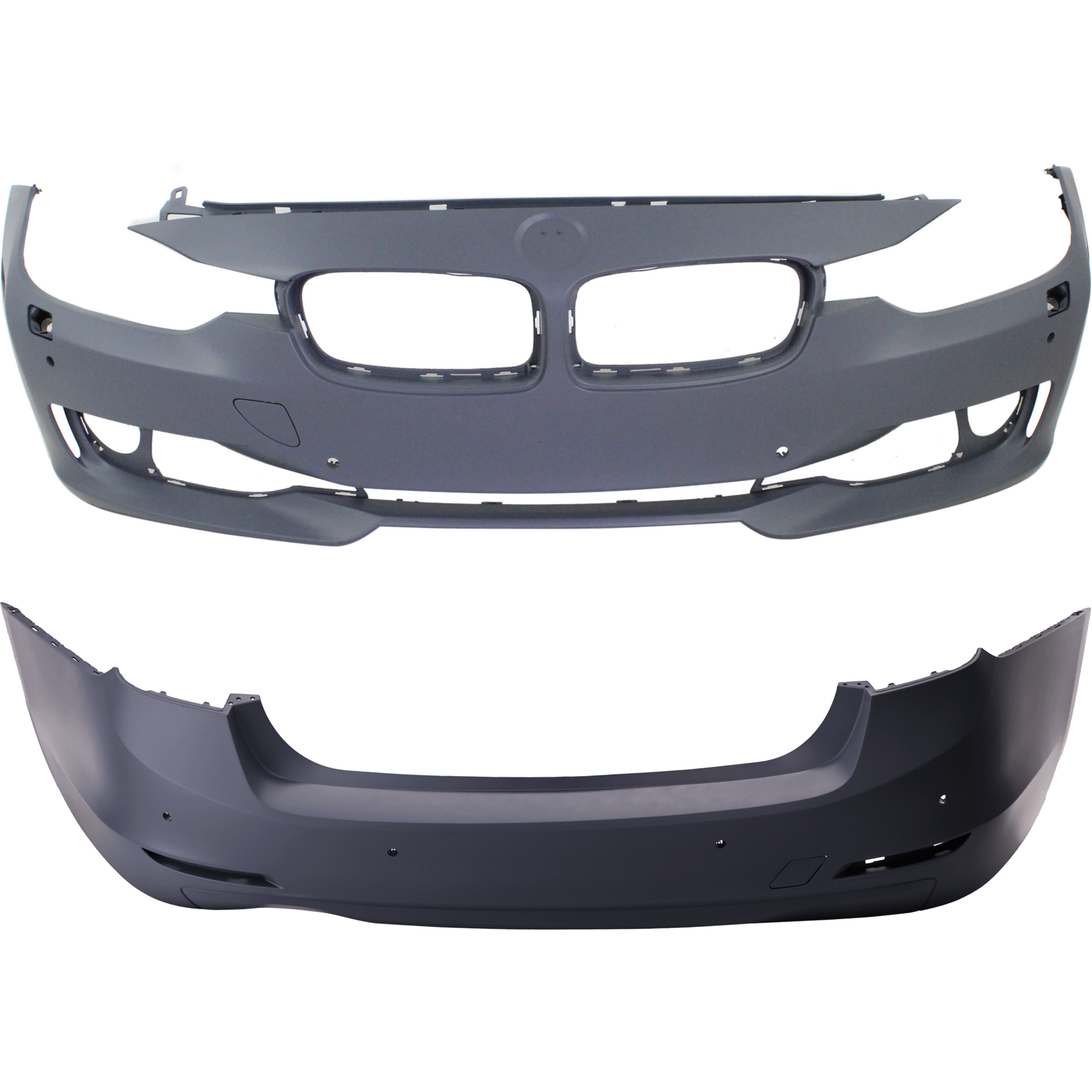 AM 3 SERIES 12-15 FRONT AND REAR BUMPER COVER Primed Standard w o M Sport Line Sedan w HLW PDC Sensor Cam Holes w o IPAS Holes SKU SET REPB010365P D