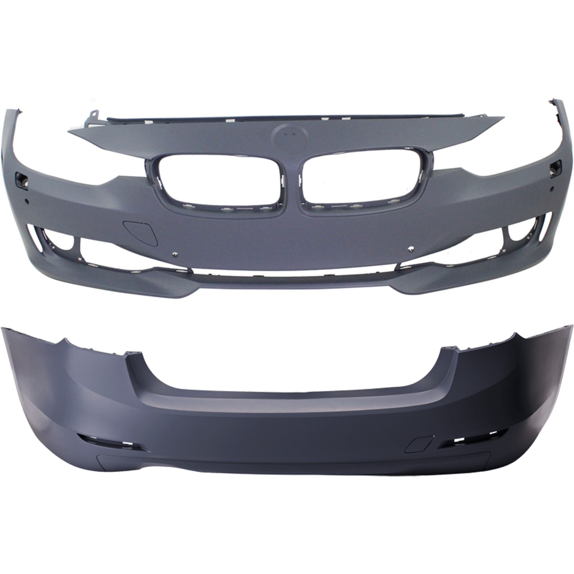 AM 3 SERIES 12-15 FRONT AND REAR BUMPER COVER Primed Standard w o M Sport Line Sedan w HLW Cam Holes w o IPAS Holes Front w PDC Sensor Holes Rear w o PDC Sensor Holes SKU SET REPB010365P E