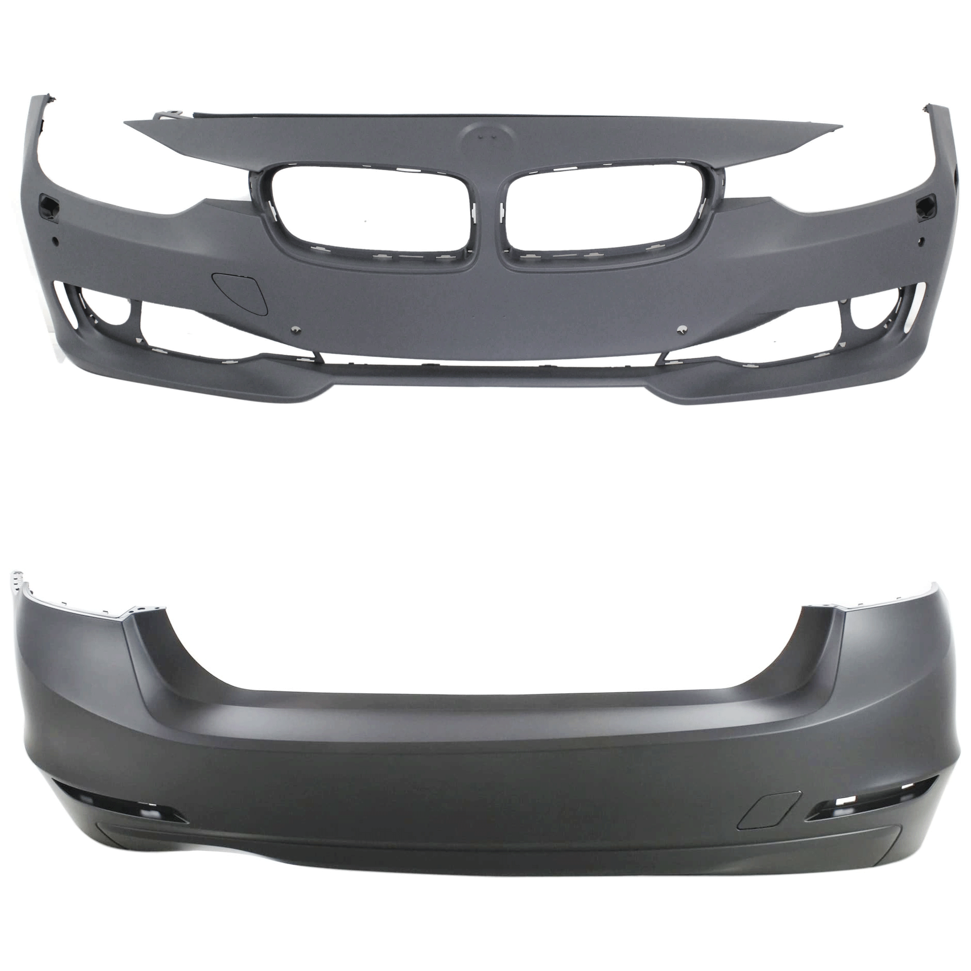 AM 3 SERIES 12-15 FRONT AND REAR BUMPER COVER Primed Standard w o M Sport Line Sedan w HLW w o IPAS Cam Holes Front w PDC Sensor Holes Rear w o PDC Sensor Holes SKU SET REPB010367P C