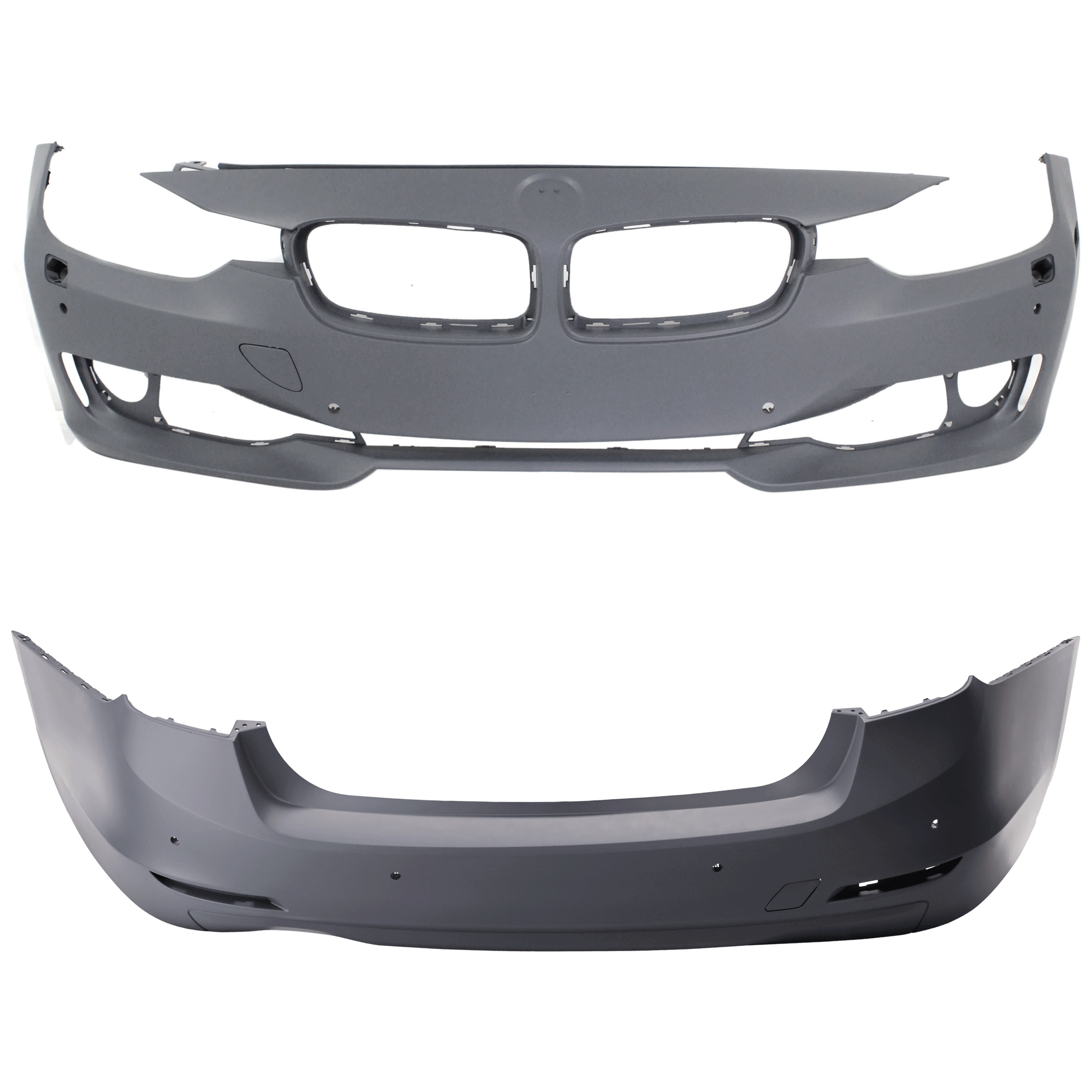 AM 3 SERIES 12-15 FRONT AND REAR BUMPER COVER Primed Standard w o M Sport Line Sedan w HLW PDC Sensor Holes w o IPAS Cam Holes SKU SET REPB010367P D