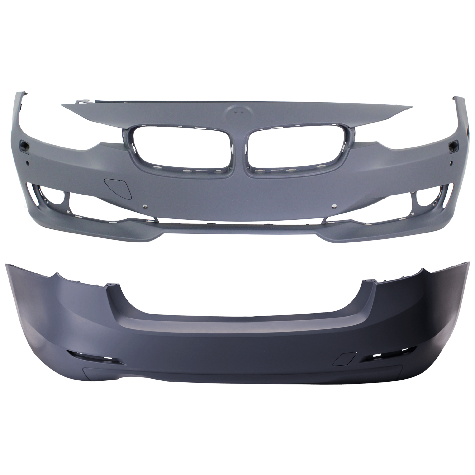 AM 3 SERIES 12-15 FRONT AND REAR BUMPER COVER Primed Standard w o M Sport Line Sedan w HLW Holes w o IPAS Cam Holes Front w PDC Sensor Holes Rear w o PDC Sensor Holes SKU SET REPB010367P E