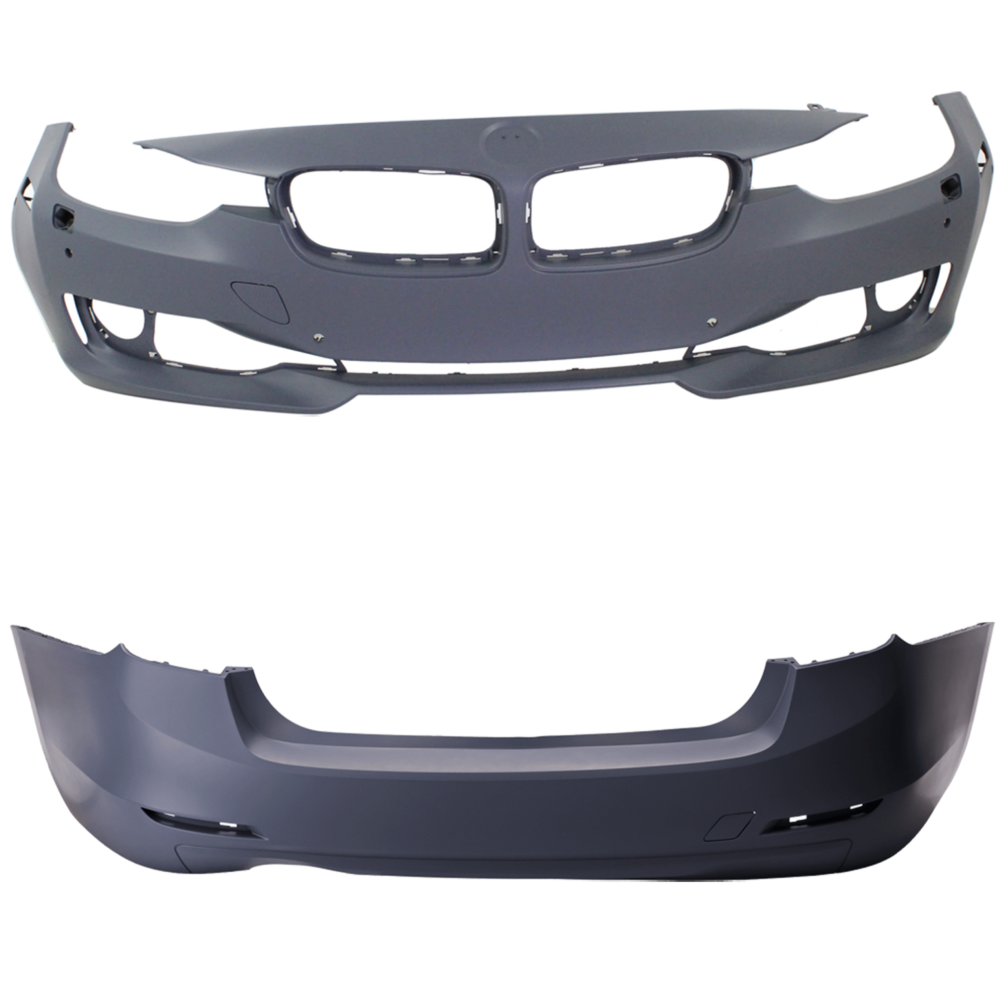 AM 3 SERIES 12-15 FRONT AND REAR BUMPER COVER Primed Standard w o M Sport Line Sedan w HLW IPAS Holes w o Cam Holes Front w PDC Sensor Holes Rear w o PDC Sensor Holes SKU SET REPB010368P E