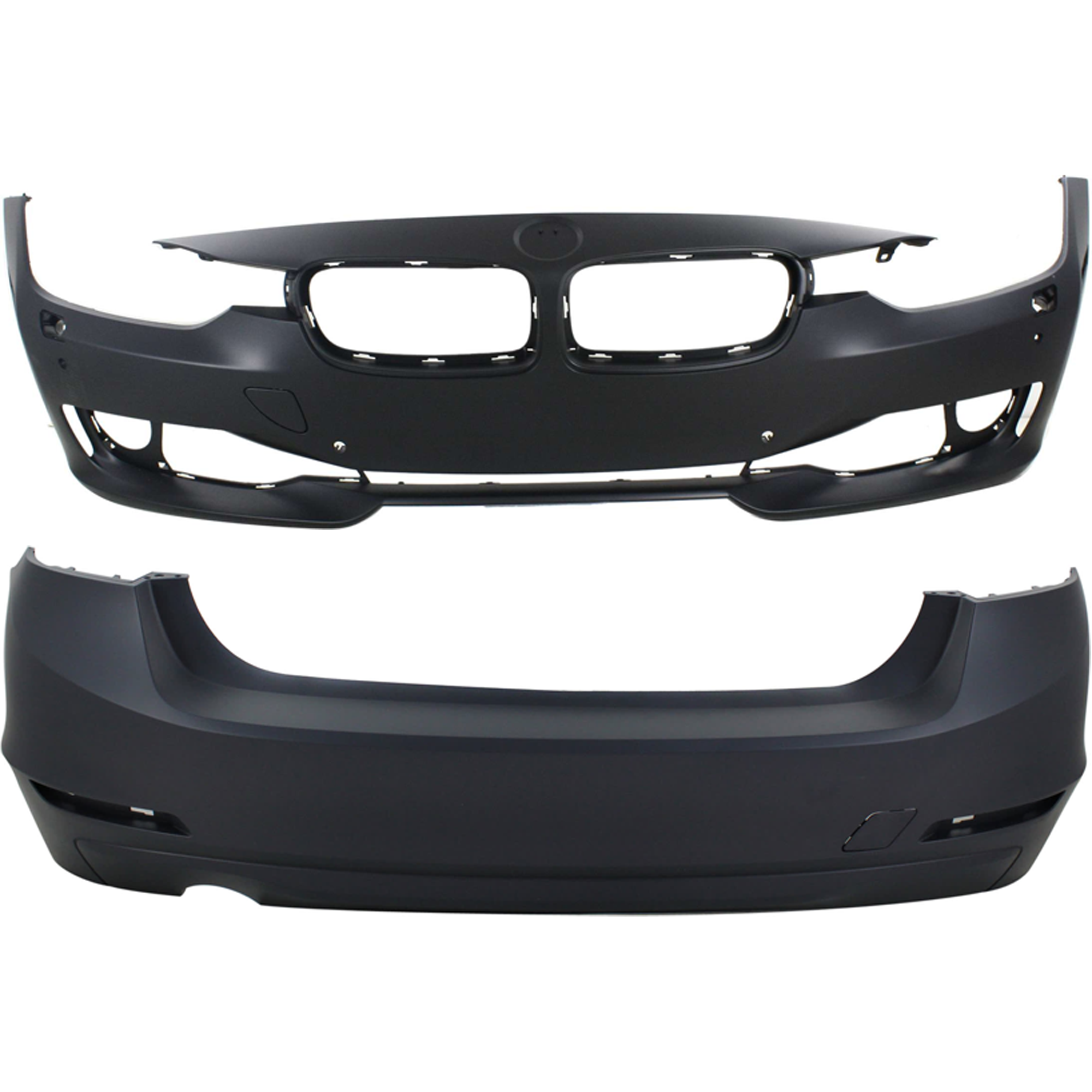 AM 3 SERIES 12-15 FRONT AND REAR BUMPER COVER Primed Standard w o M Sport Line Sedan w HLW IPAS Holes w o Cam Holes Front w PDC Sensor Holes Rear w o PDC Sensor Holes CAPA SKU SET REPB010368PQ E Partslink BM1000258C BM1100261C OEM 51117293017-51127312724