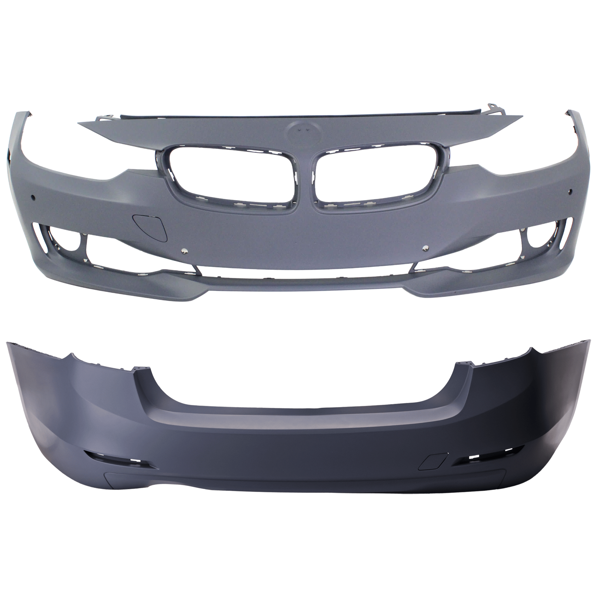 AM 3 SERIES 12-15 FRONT AND REAR BUMPER COVER Primed Exc. M3 Model Standard w o M Sport Line Sedan Wagon w o HLW Holes w IPAS Cam Holes Front w PDC Sensor Holes Rear w o PDC Sensor Holes SKU SET REPB010370P E