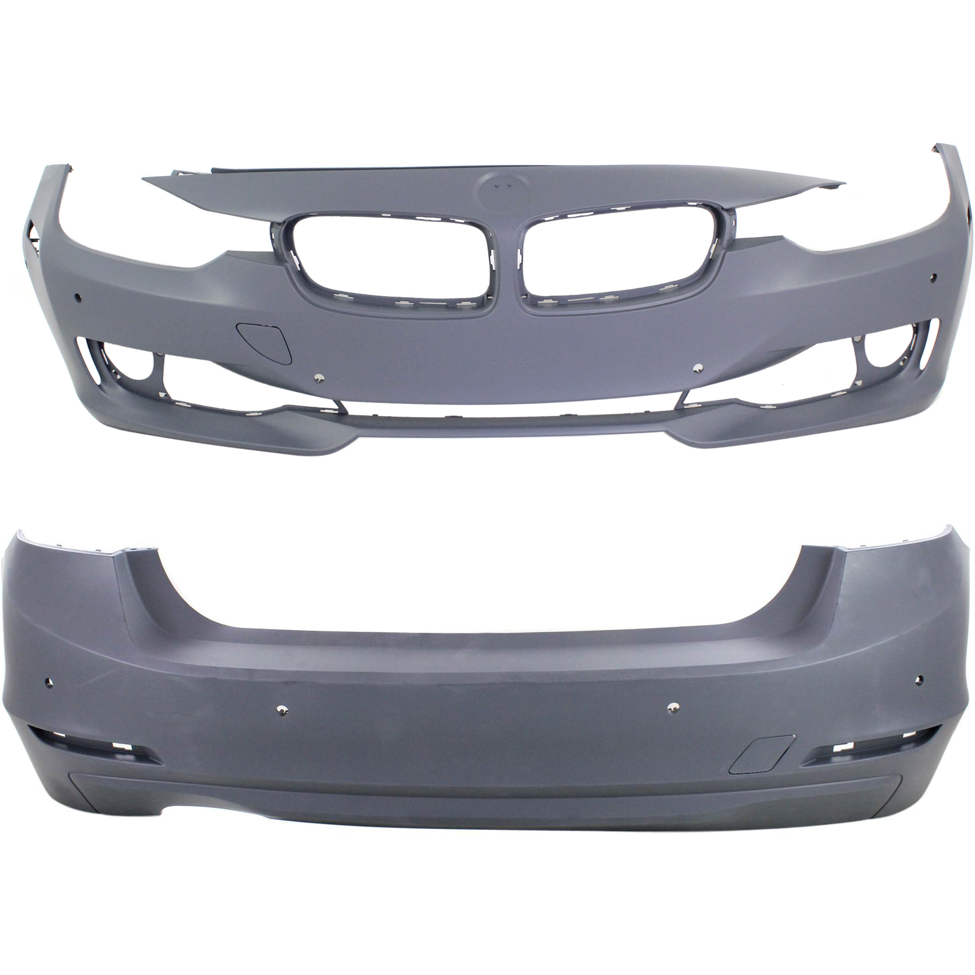 AM 3 SERIES 12-15 FRONT AND REAR BUMPER COVER Primed Standard w o M Sport Line Sedan w o HLW Holes IPAS w PDC Sensor Cam Holes SKU SET REPB010371P B