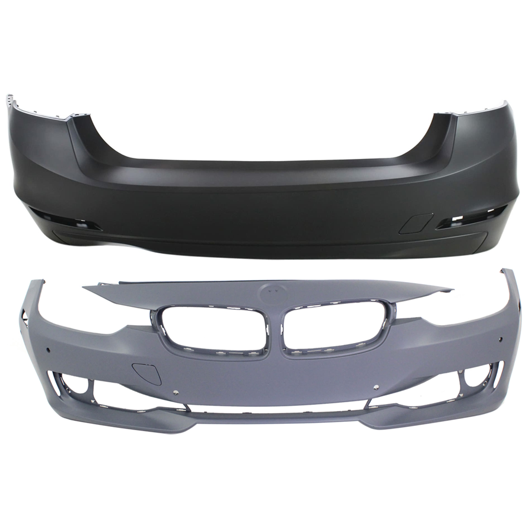 AM 3 SERIES 12-15 FRONT AND REAR BUMPER COVER Primed Standard w o M Sport Line Sedan w o HLW Holes IPAS w Cam Holes Front w PDC Sensor Holes Rear w o PDC Sensor Holes SKU SET REPB010371P C