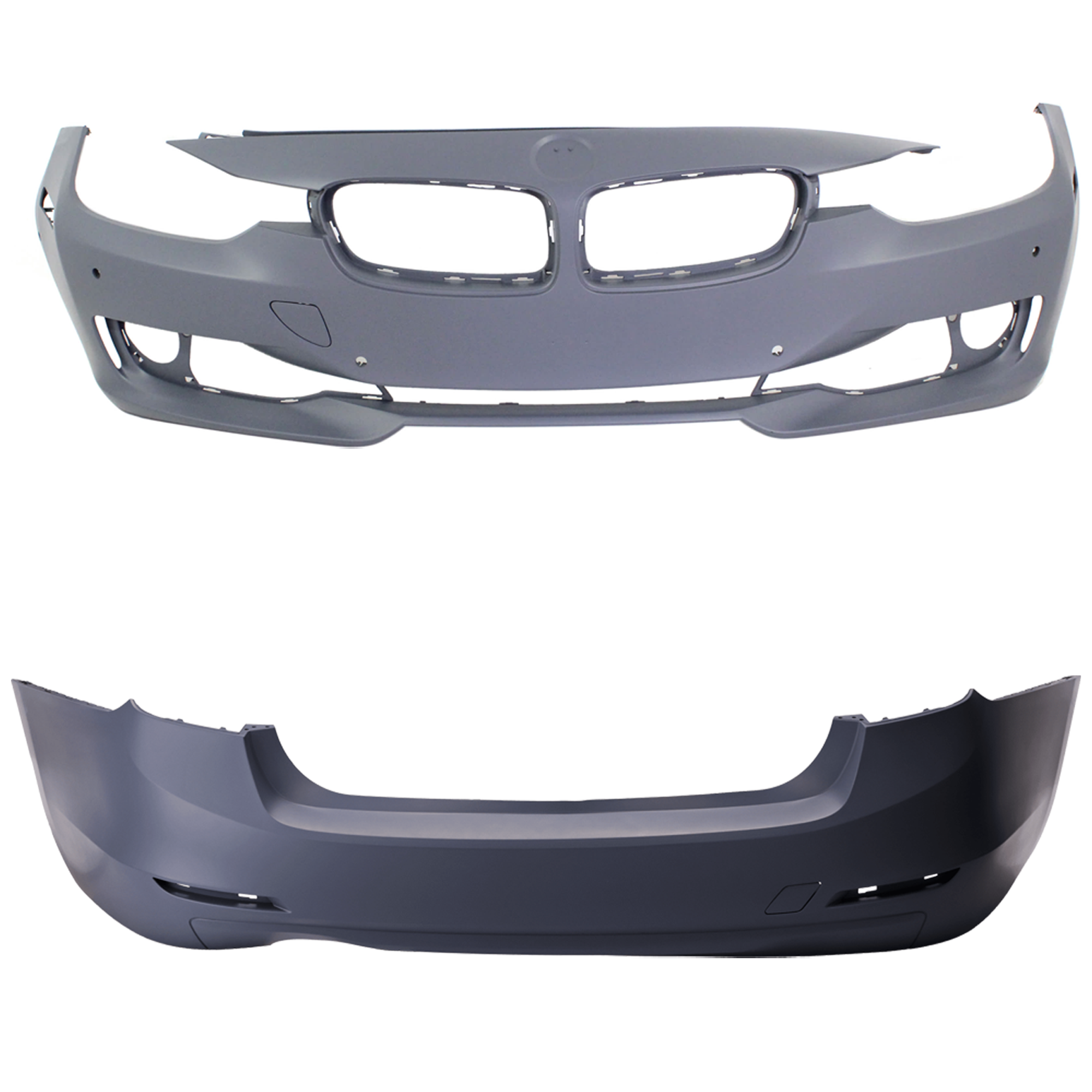 AM 3 SERIES 12-15 FRONT AND REAR BUMPER COVER Primed Standard w o M Sport Line Sedan w o HLW Holes IPAS w Cam Holes Front w PDC Sensor Holes Rear w o PDC Sensor Holes SKU SET REPB010371P E
