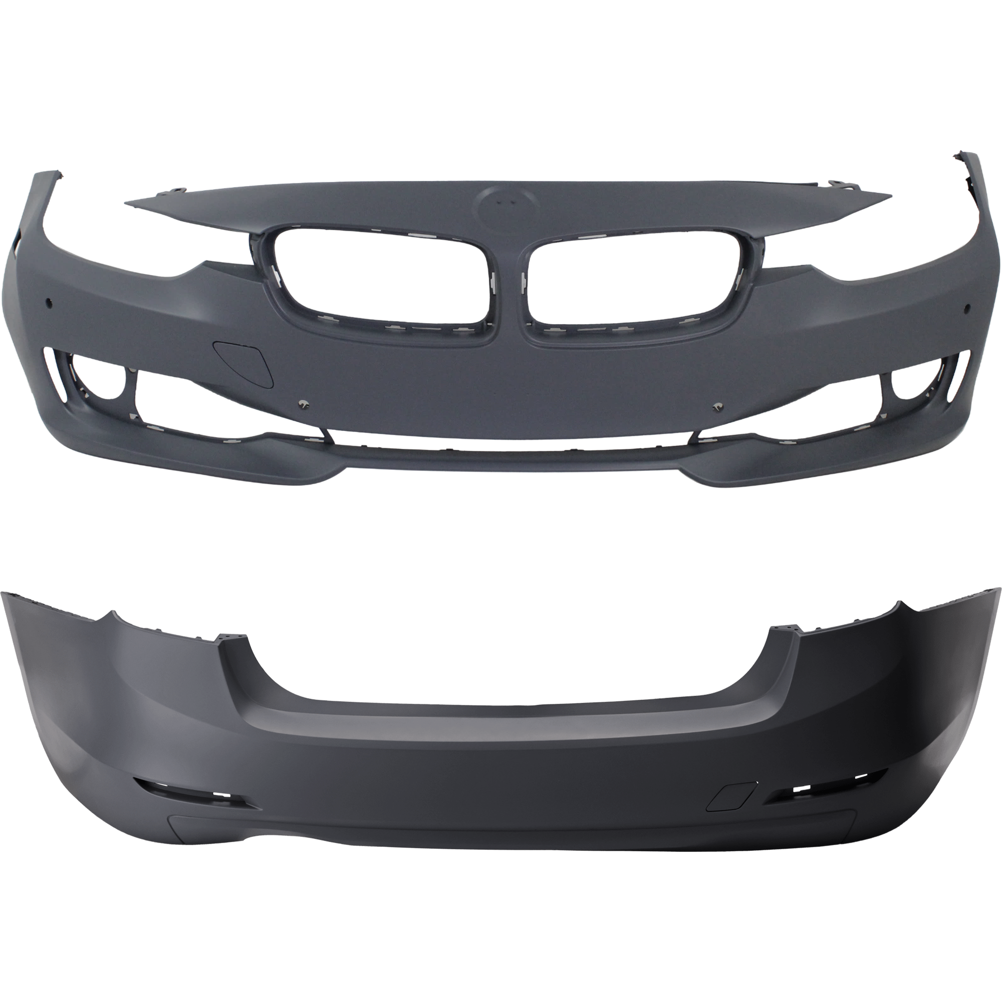 AM 3 SERIES 12-15 FRONT AND REAR BUMPER COVER Primed Standard w o M Sport Line Sedan w o HLW IPAS Cam Holes Front w PDC Sensor Holes Rear w o PDC Sensor Holes SKU SET REPB010373P E