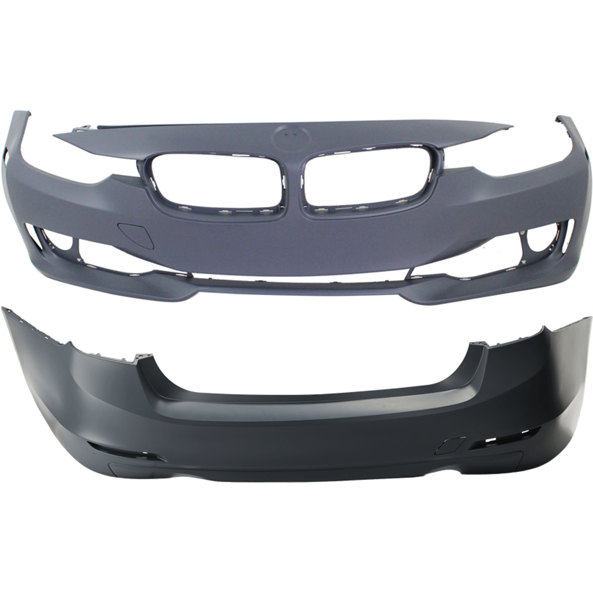AM 3 SERIES 12-15 FRONT AND REAR BUMPER COVER Primed Standard w o M Sport Line Sedan w o HLW PDC Sensor IPAS Cam Holes SKU SET REPB010374P A