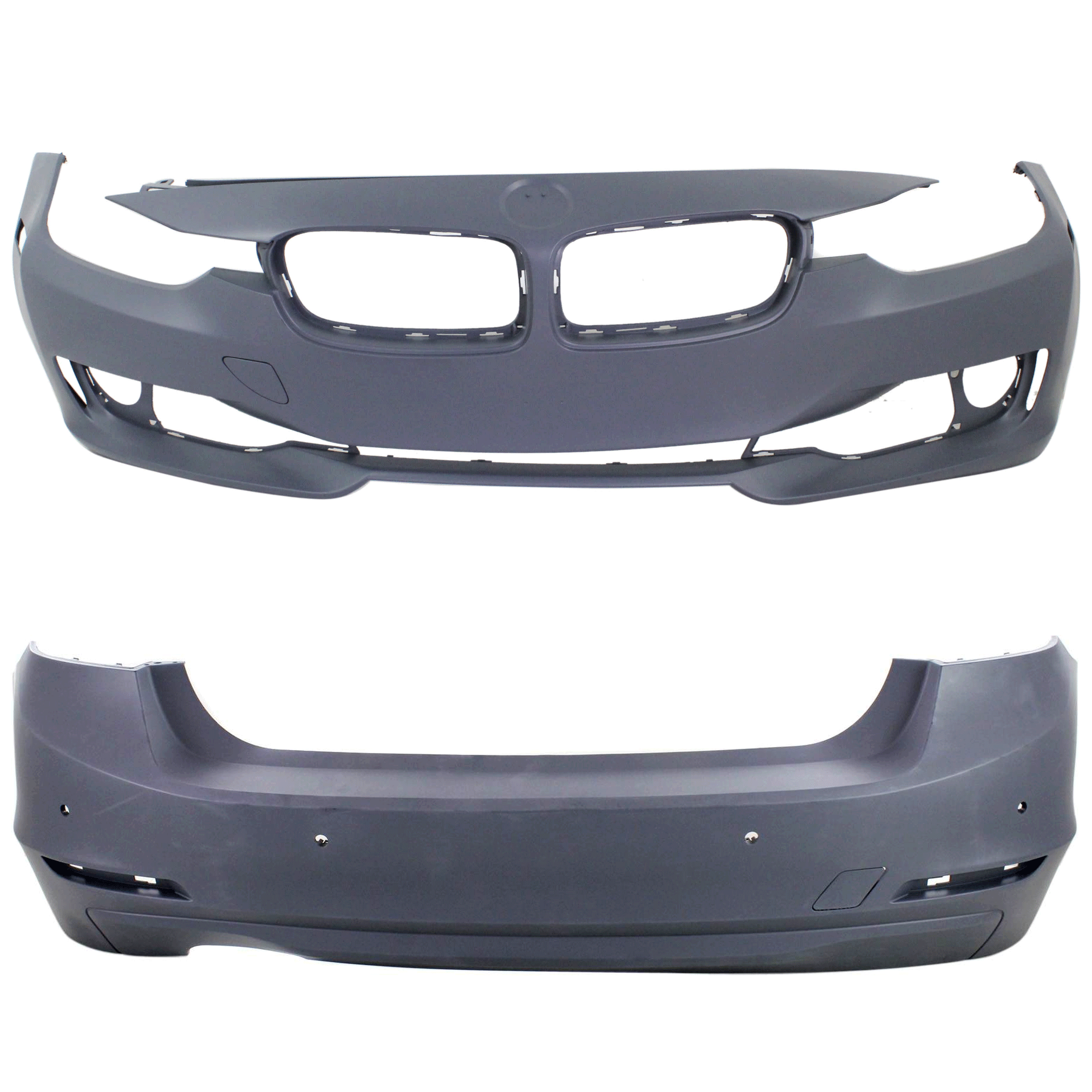 AM 3 SERIES 12-15 FRONT AND REAR BUMPER COVER Primed Standard w o M Sport Line Sedan w o HLW IPAS Cam Holes Front w o PDC Sensor Holes Rear w PDC Sensor Holes SKU SET REPB010374P B