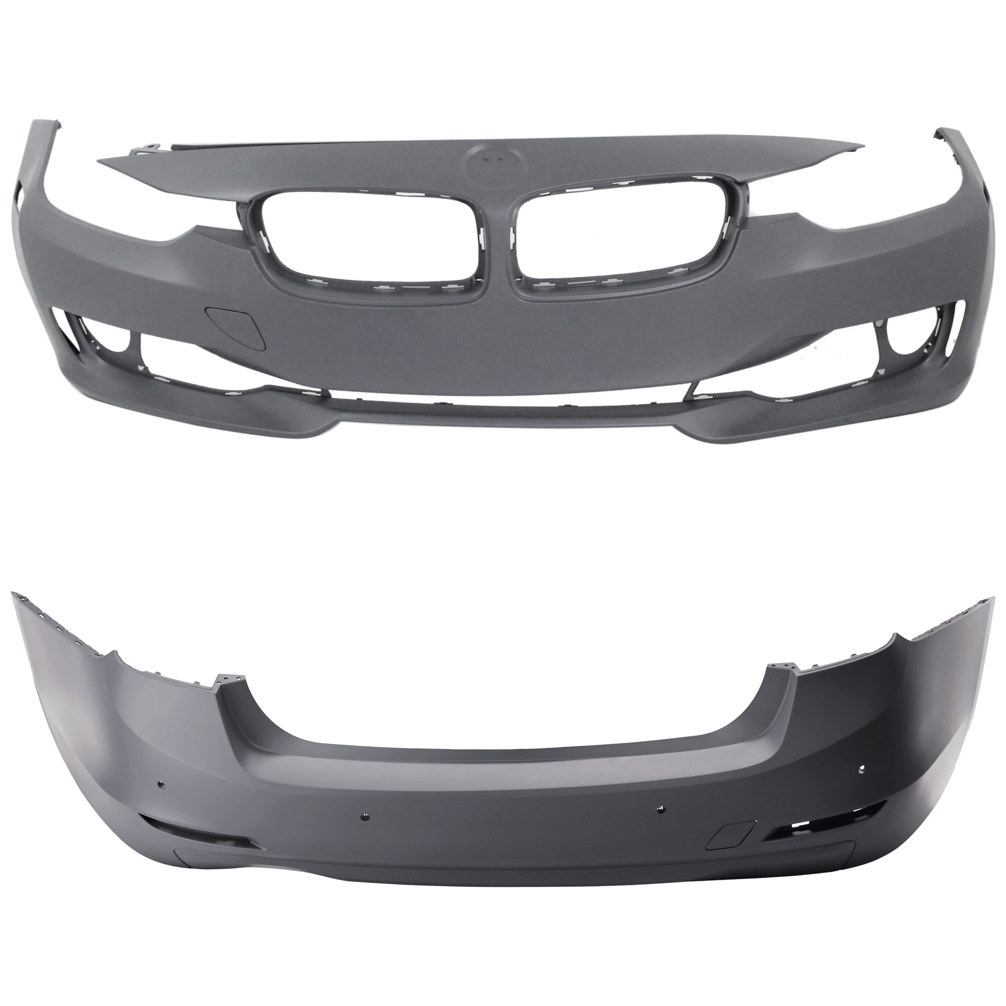 AM 3 SERIES 12-15 FRONT AND REAR BUMPER COVER Primed Standard w o M Sport Line Sedan w o HLW IPAS Cam Holes Front w o PDC Sensor Holes Rear w PDC Sensor Holes SKU SET REPB010374P D