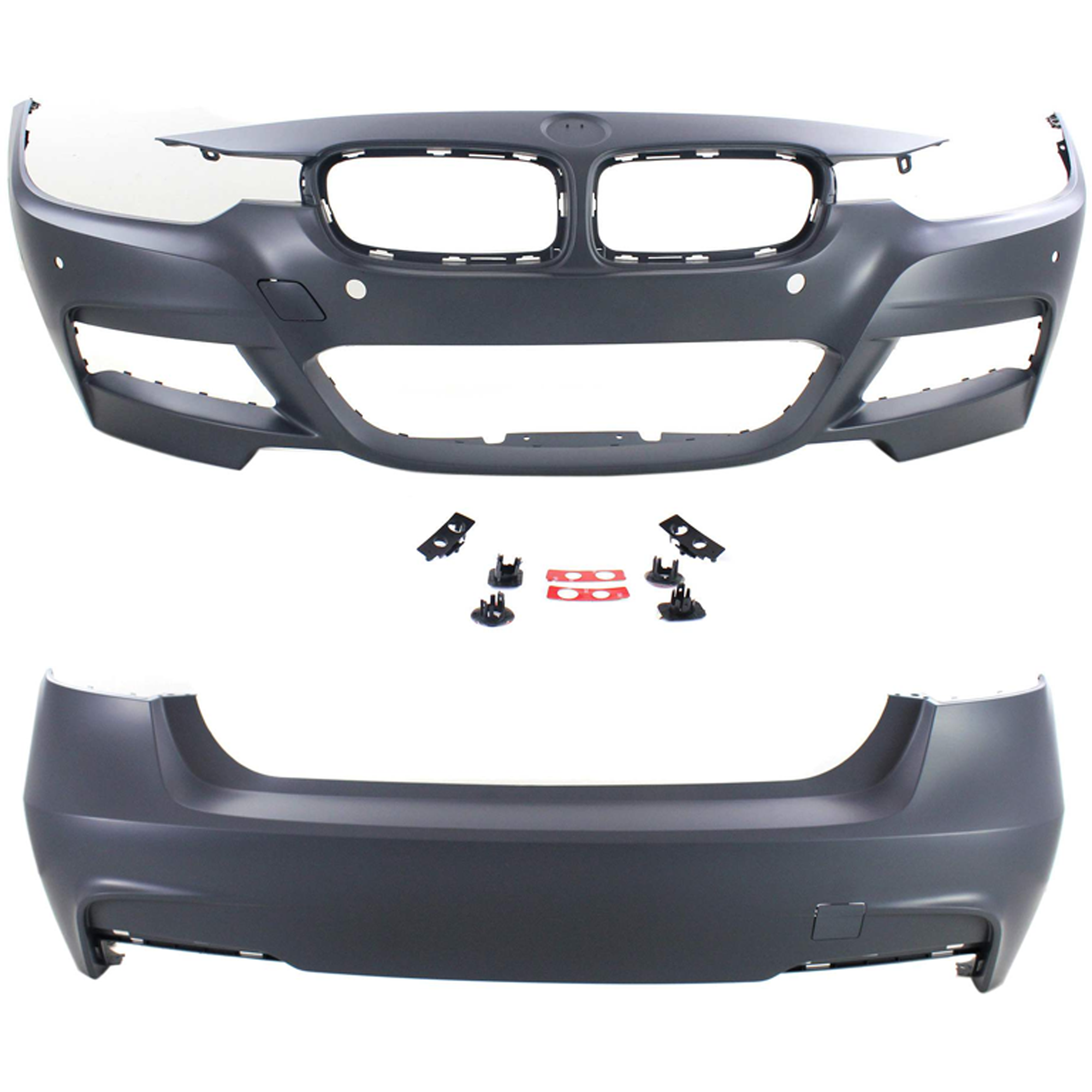 AM 3 SERIES 13-18 FRONT AND REAR BUMPER COVER Primed w M Sport Line Sedan w Cam Holes Front w PDC Sensor Holes Rear w o PDC Sensor Holes SKU SET REPB010396P B