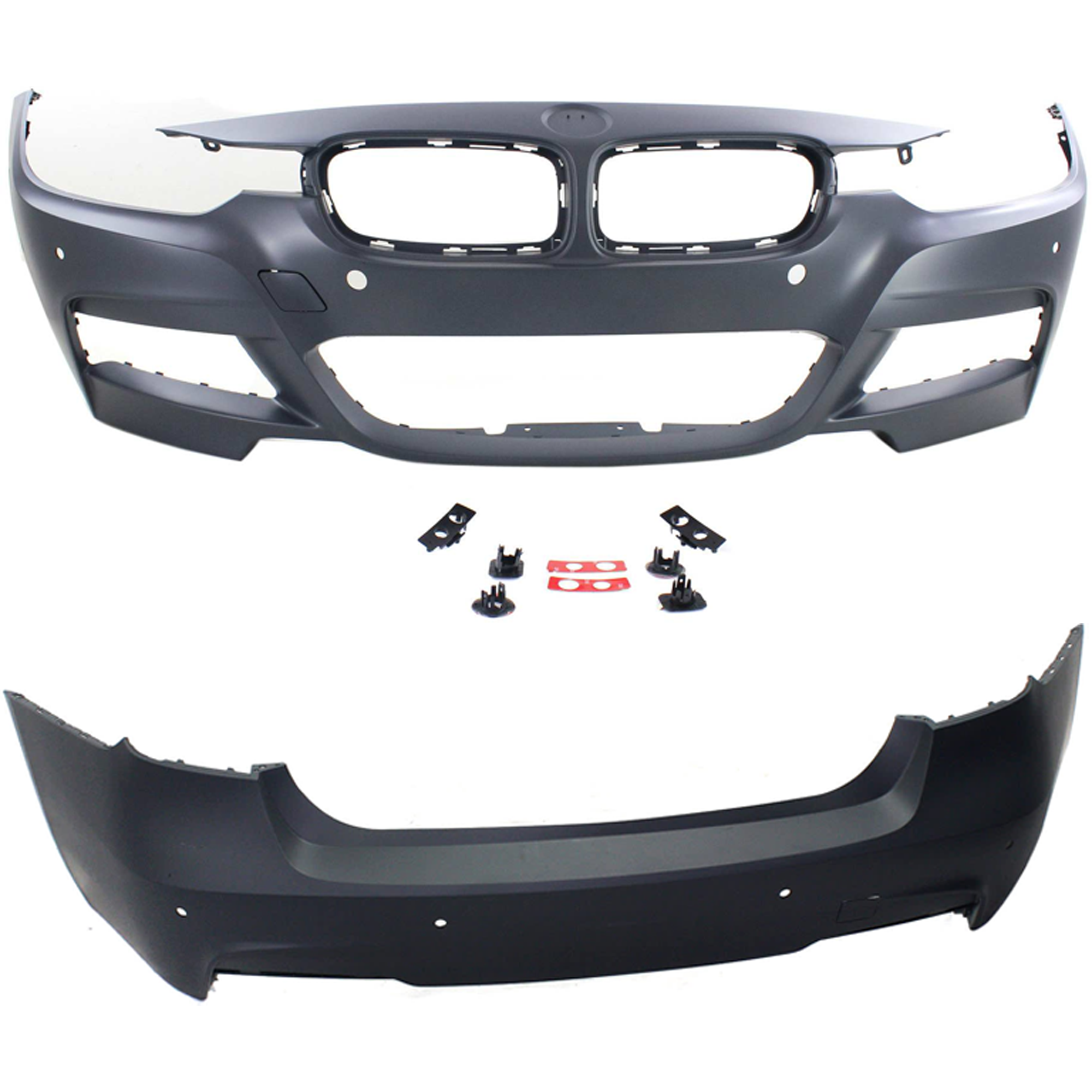 AM 3 SERIES 13-18 FRONT AND REAR BUMPER COVER Primed w M Sport Line Sedan w Cam Holes w PDC Sensor Holes and Cam Holes SKU SET REPB010396P C