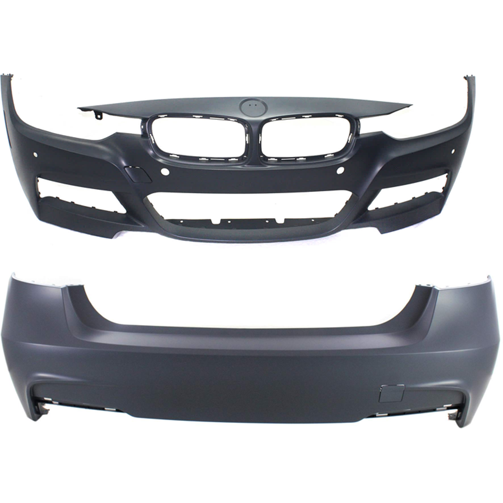 AM 3 SERIES 13-18 FRONT AND REAR BUMPER COVER Primed w M Sport Line Sedan Front w PDC Sensor Holes Rear w o PDC Sensor Holes w o HLW IPAS Holes w Cam Holes SKU SET REPB010399P B