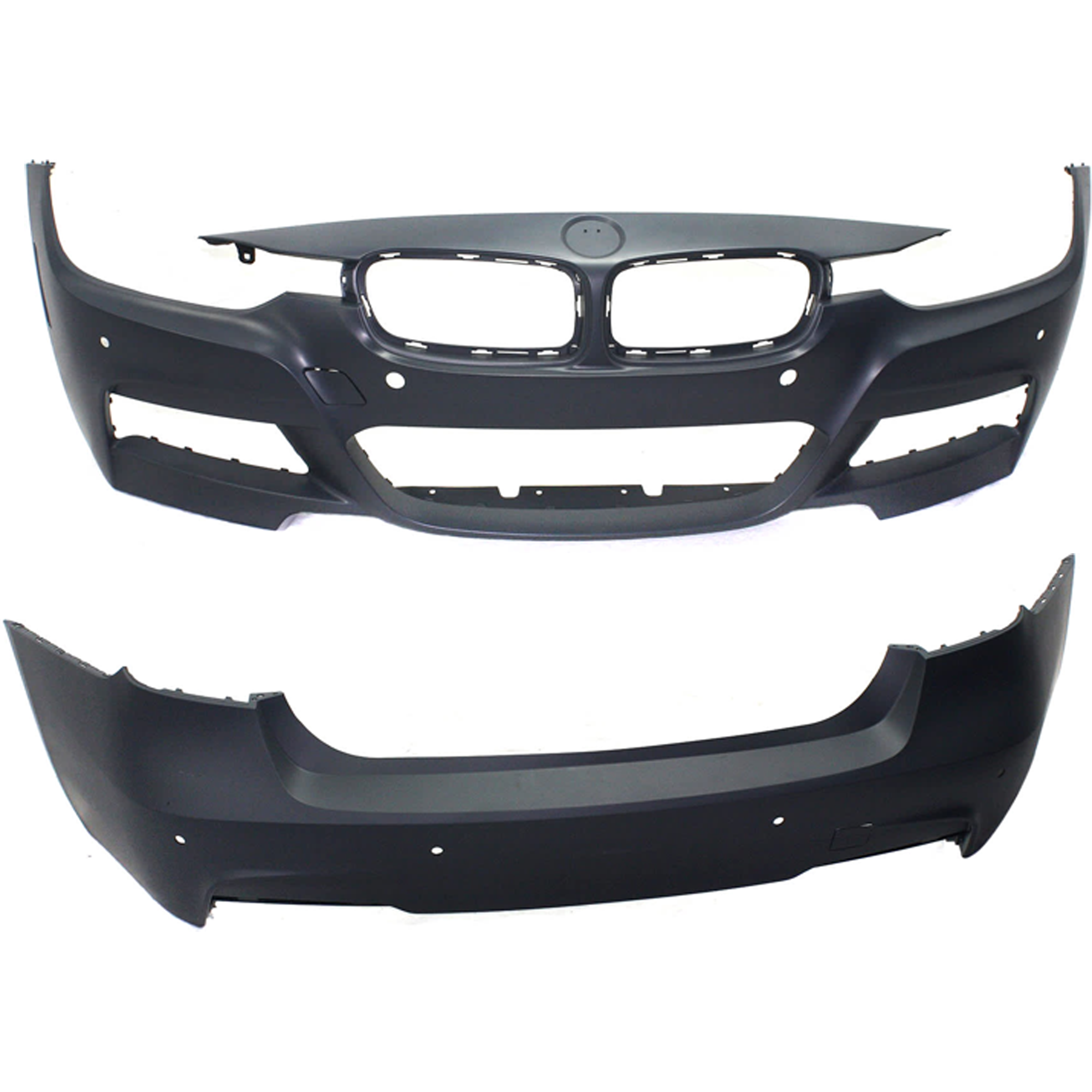 AM 3 SERIES 13-18 FRONT AND REAR BUMPER COVER Primed w M Sport Line Sedan w PDC Sensor Cam Holes w o HLW IPAS Holes SKU SET REPB010399P C