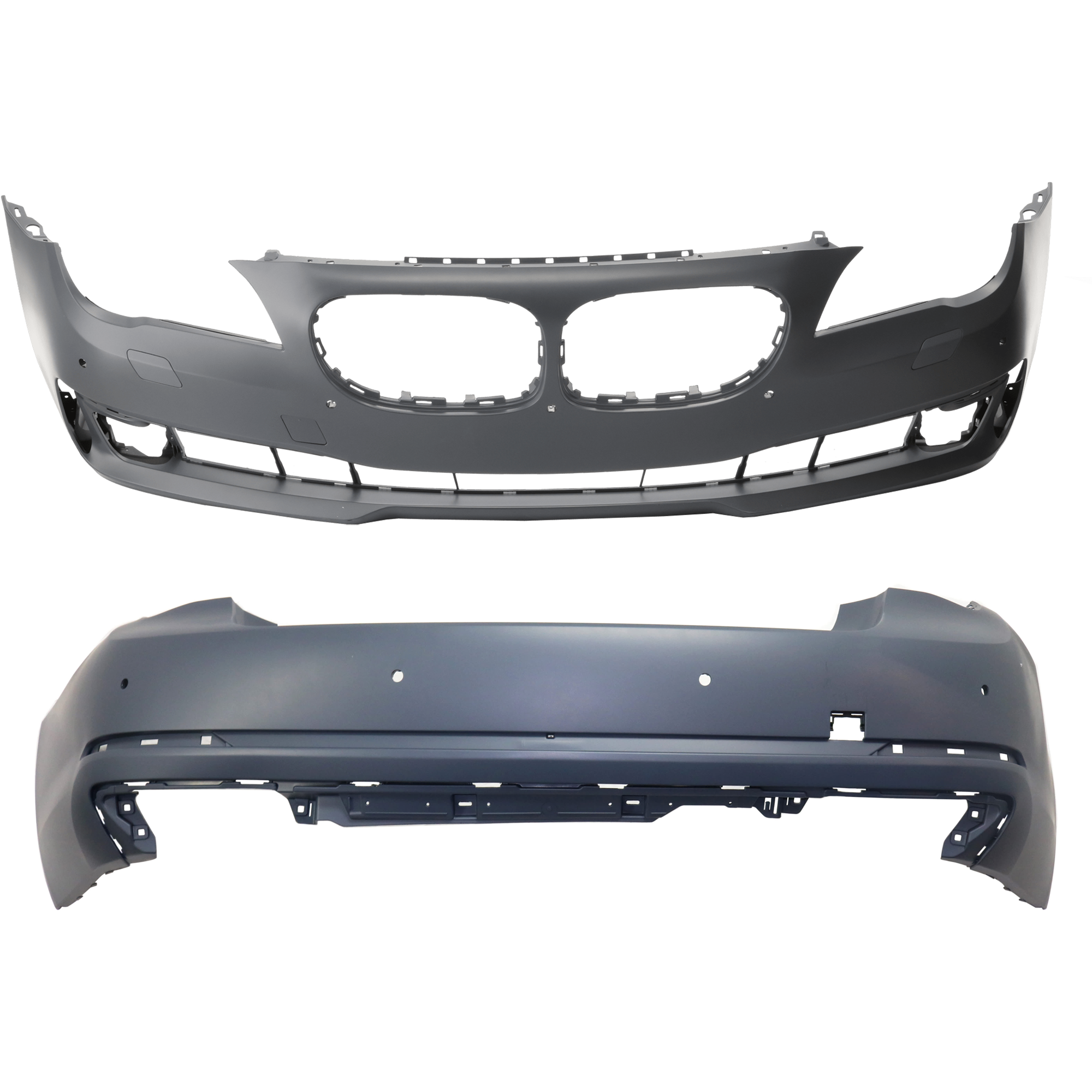AM 7 SERIES 13-15 FRONT AND REAR BUMPER COVER Primed w o M Pkg and license plate provision Front w o tow hook hole w parking aid sensor holes Rear w tow hook hole w o parking aid sensor holes SKU SET REPBM010327P