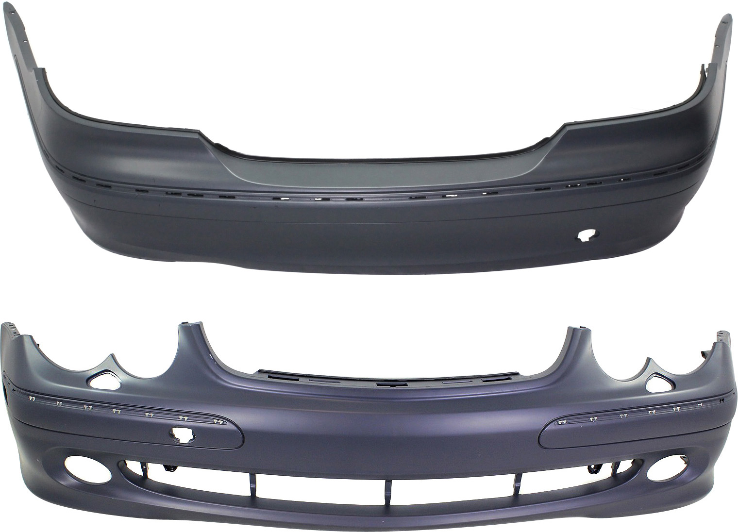 AM CLK CLASS 03-05 FRONT AND REAR BUMPER COVER Primed w o Sport Pkg w o Parktronic Holes SKU SET REPBZ010312P 2 Partslink MB1000194 MB1100188 OEM 2098850625-2098852825