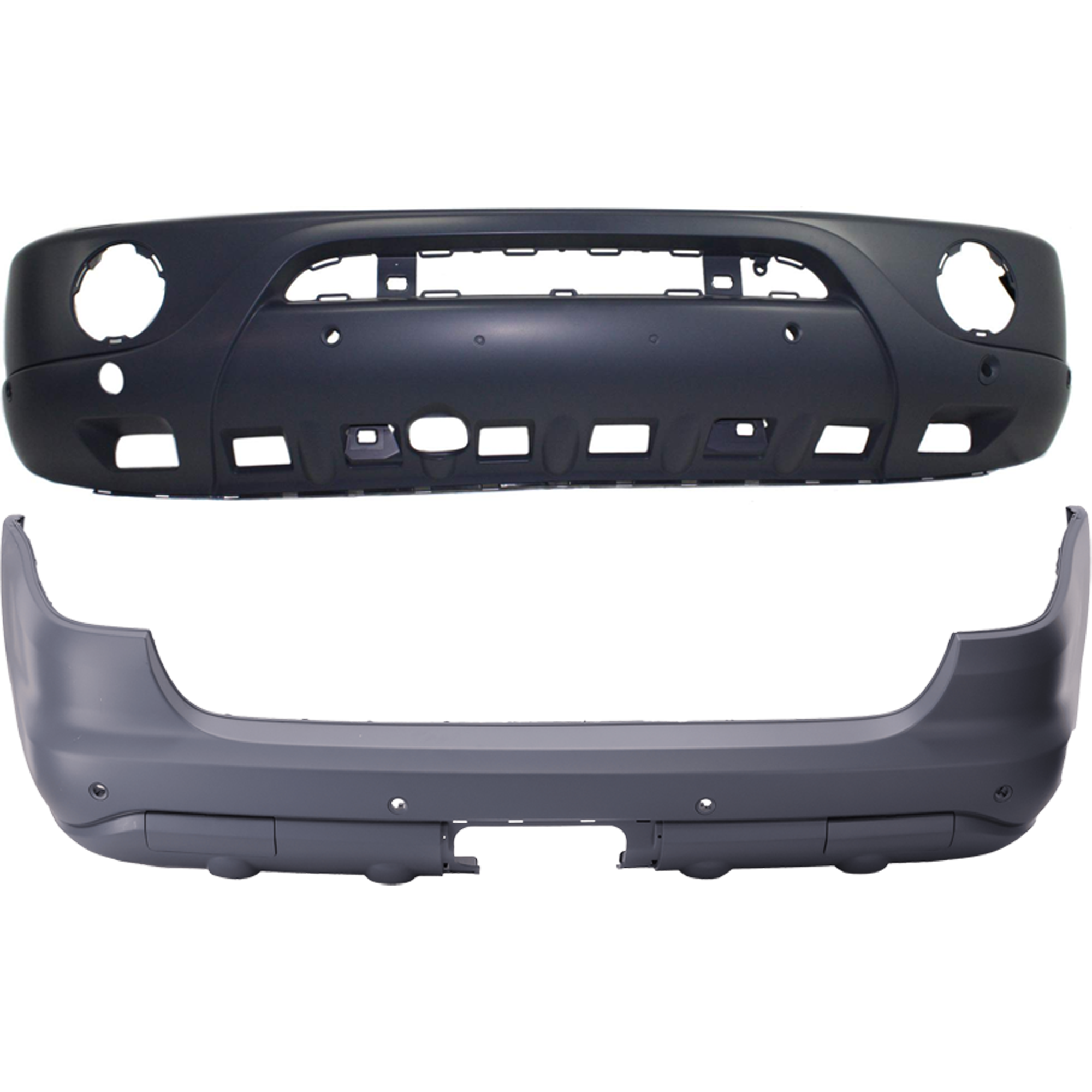 AM ML CLASS 02-05 FRONT AND REAR BUMPER COVER Primed w HLW Parktronic Trailer Coupling Parktronic Holes w Round Fog Lights w o Styling Pkg SKU SET REPBZ010336P A