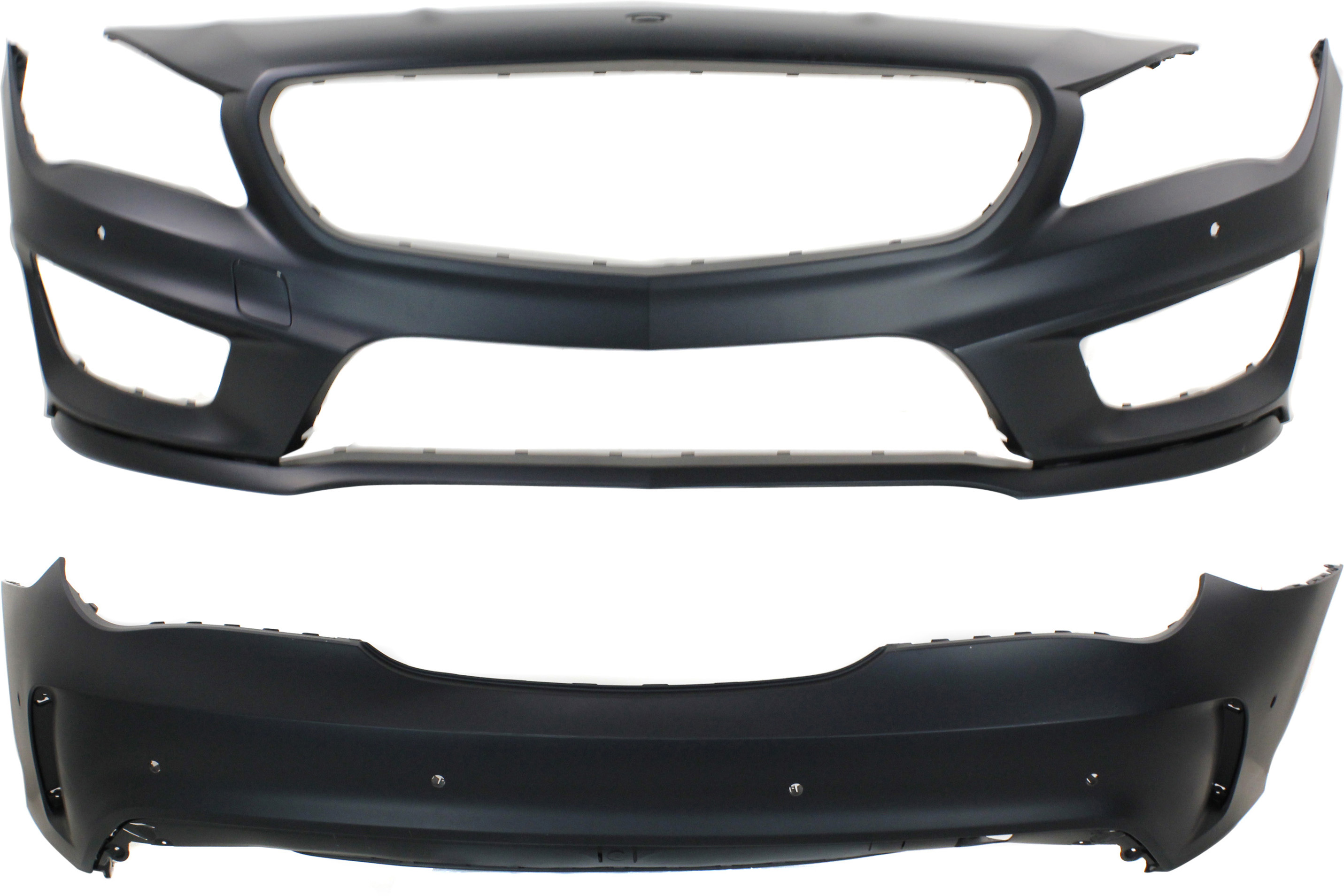 AM CLA250 CLA45 AMG 14-16 FRONT AND REAR BUMPER COVER Primed w AMG Styling Pkg w Active Park Assist Sensor Holes CAPA SKU SET REPBZ010384PQ 2 Partslink MB1000431C MB1100328C OEM 11788047409999-11788050409999