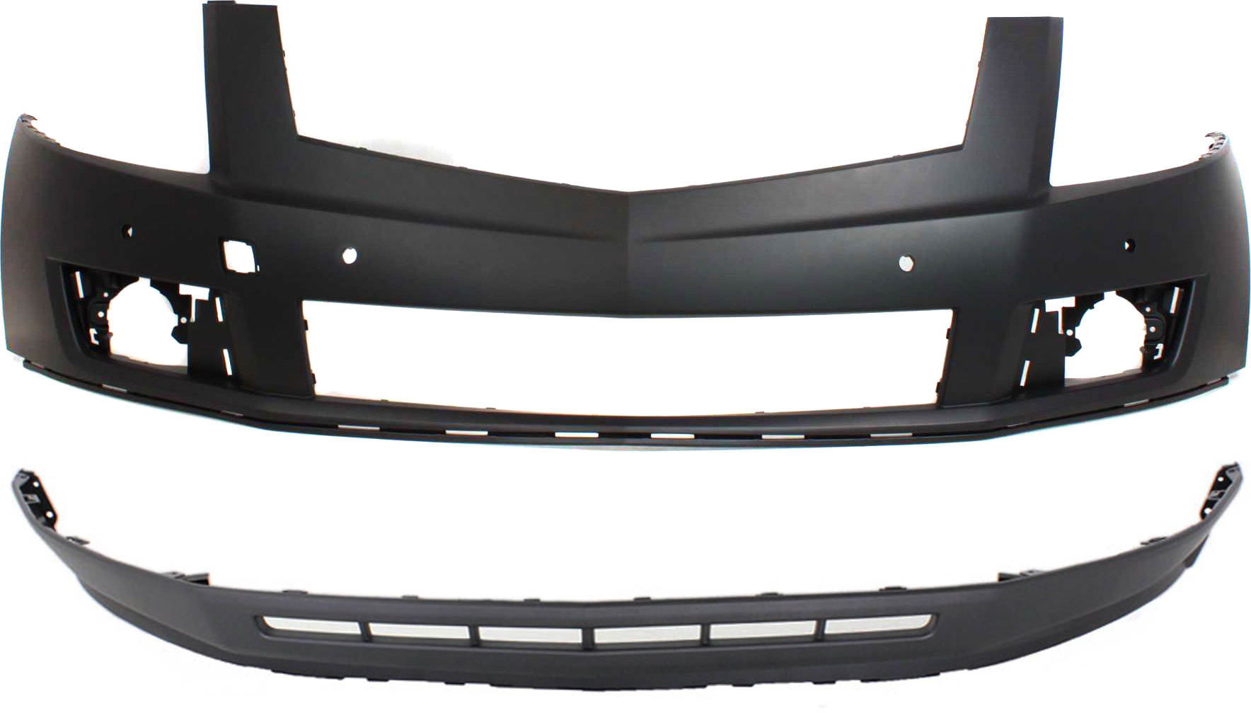 AM SRX 10-12 FRONT BUMPER COVER Upper and Lower Set of 2 w o HLW Holes w PAS Holes SKU SET REPC010324P 2 Partslink GM1000916 GM1015108 OEM 20847176-22869264